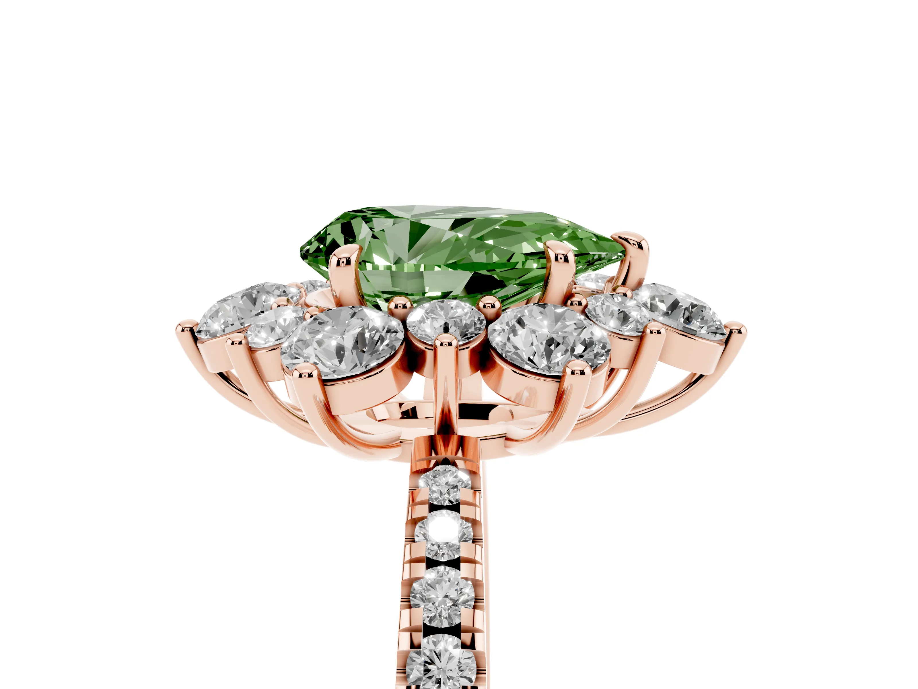 Fancy Green Pear Cut Diamond Floral Halo Ring Set in Rose gold with Round Pavé Band and Prong Setting