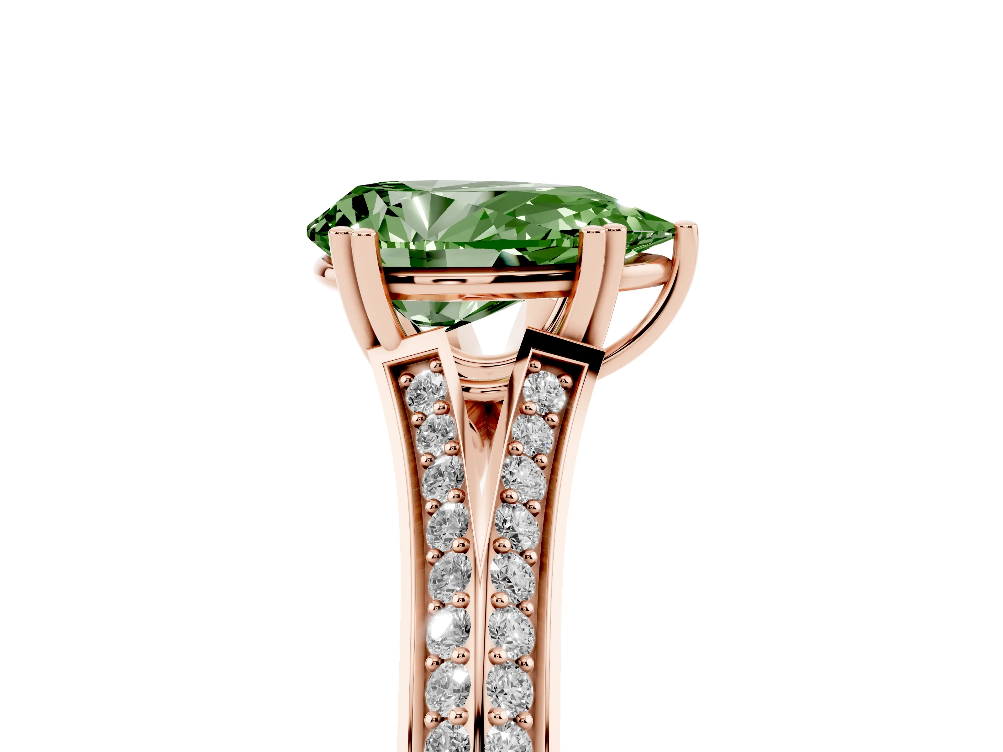 Fancy Green Pear Cut Diamond Split Shank Pavé Engagement Ring Set in Rose gold with Prong-Set Center Stone