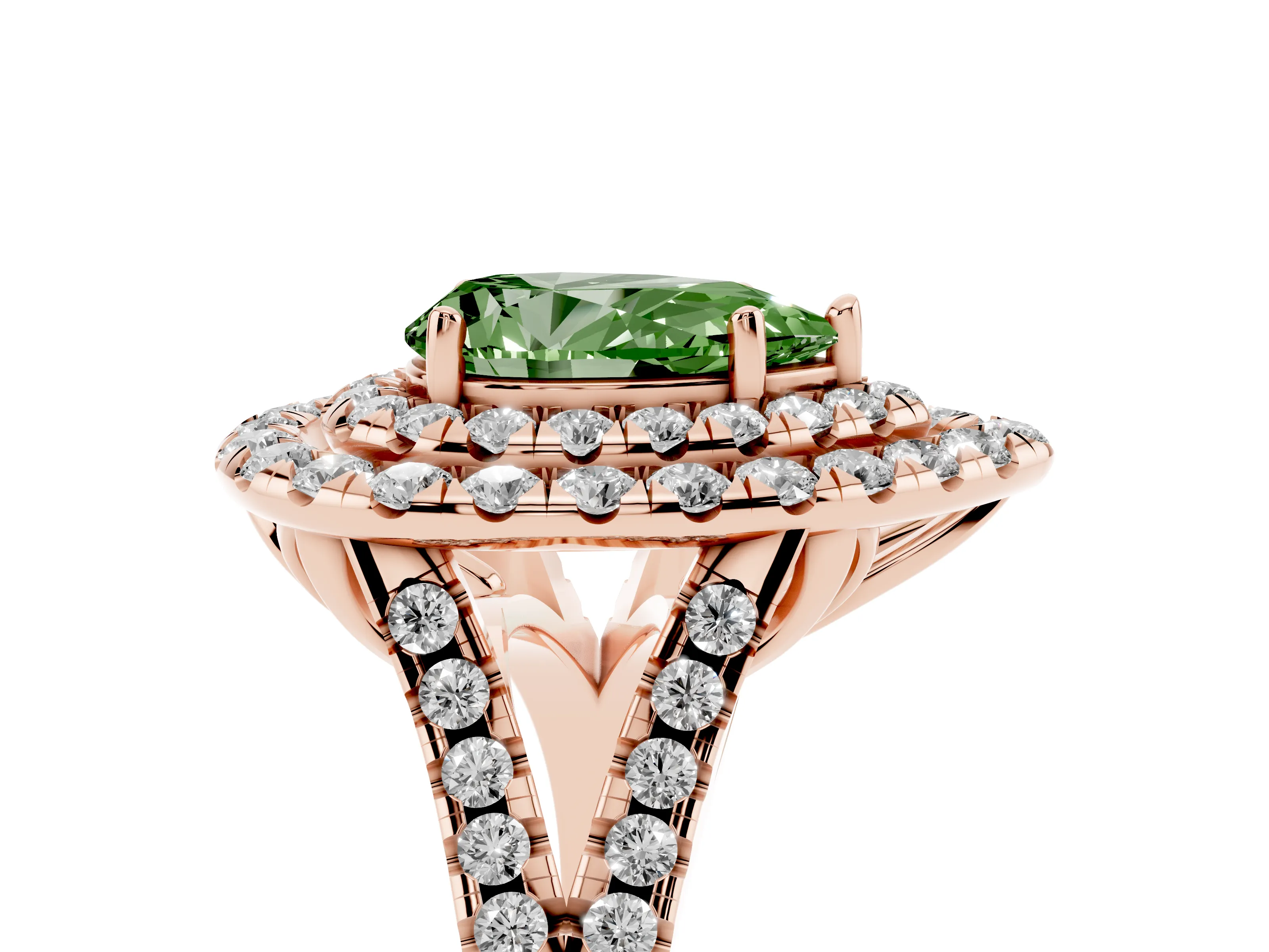 Fancy Green Pear Cut Diamond Double Halo Ring Set in Rose gold with Pavé Split Shank and Prong Setting