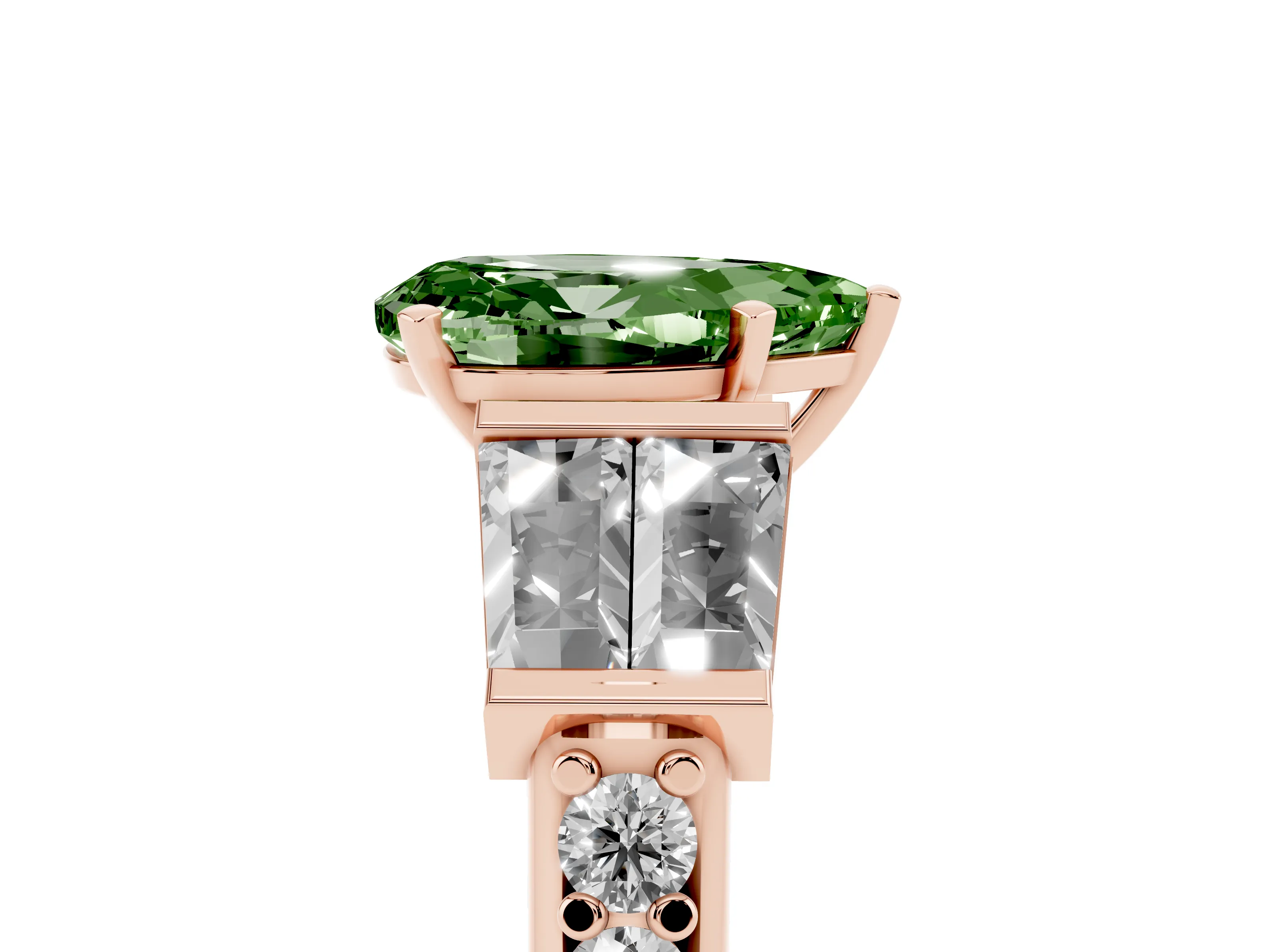 Fancy Green Pear Cut Diamond Engagement Ring Set in Rose gold with Baguette Side Stones and Channel Set Band