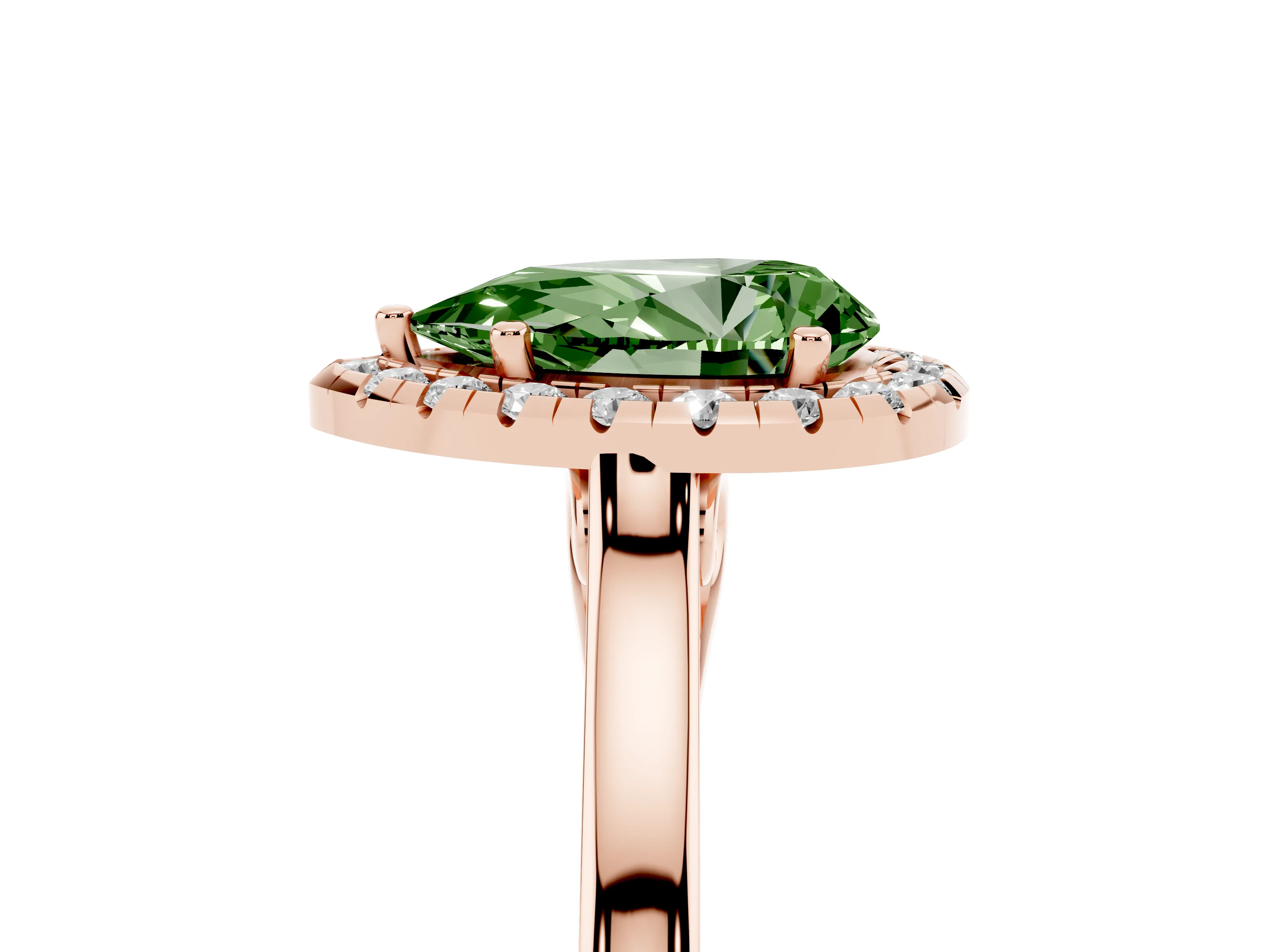 Fancy Green Pear Cut Halo Round Diamond Solitaire Ring Set in Rose gold with Pavé Band and Prong Setting