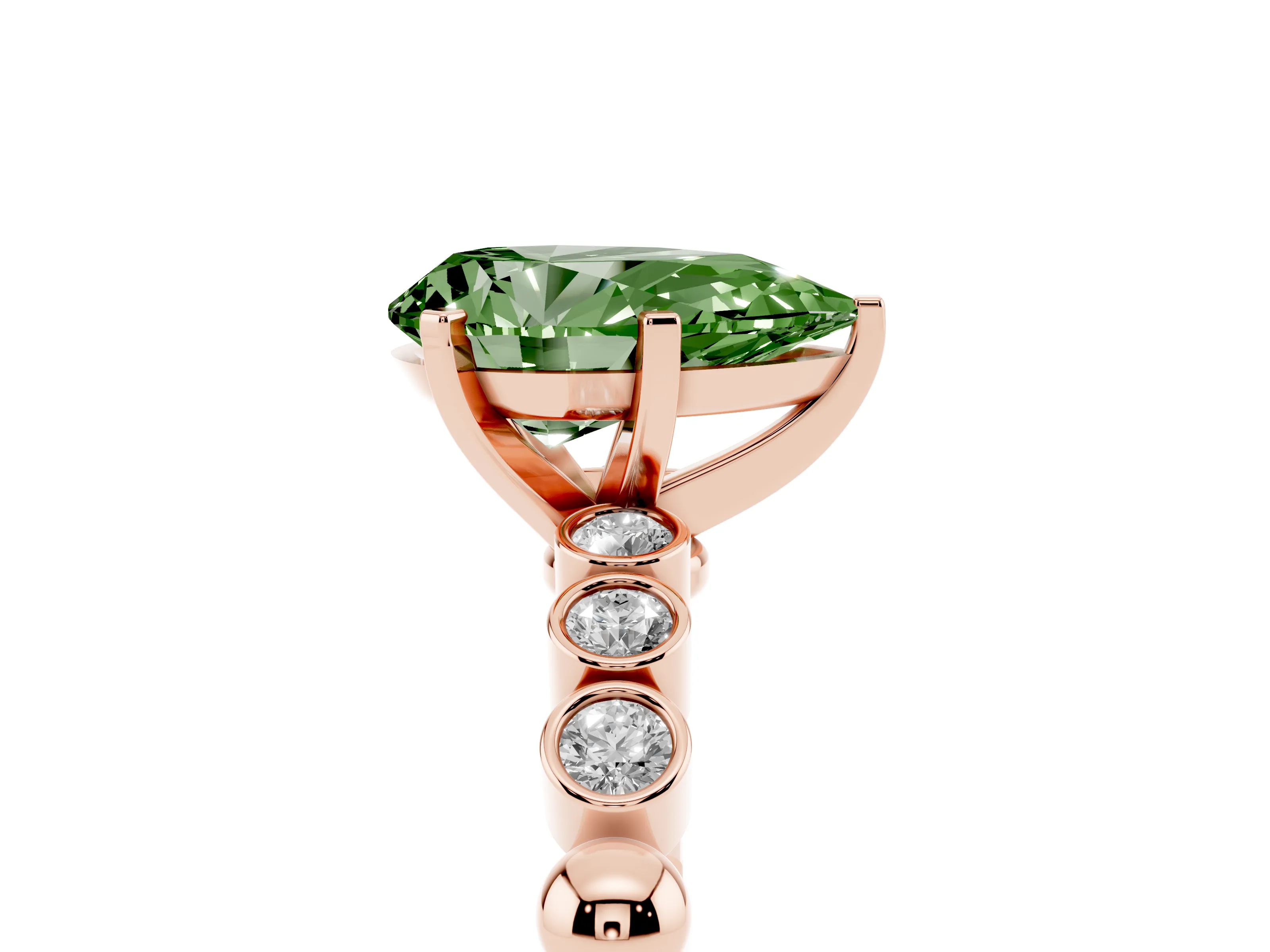 Fancy Green Pear Cut Diamond Solitaire Engagement Ring Set in Rose gold with Bezel Accents on Beaded Band
