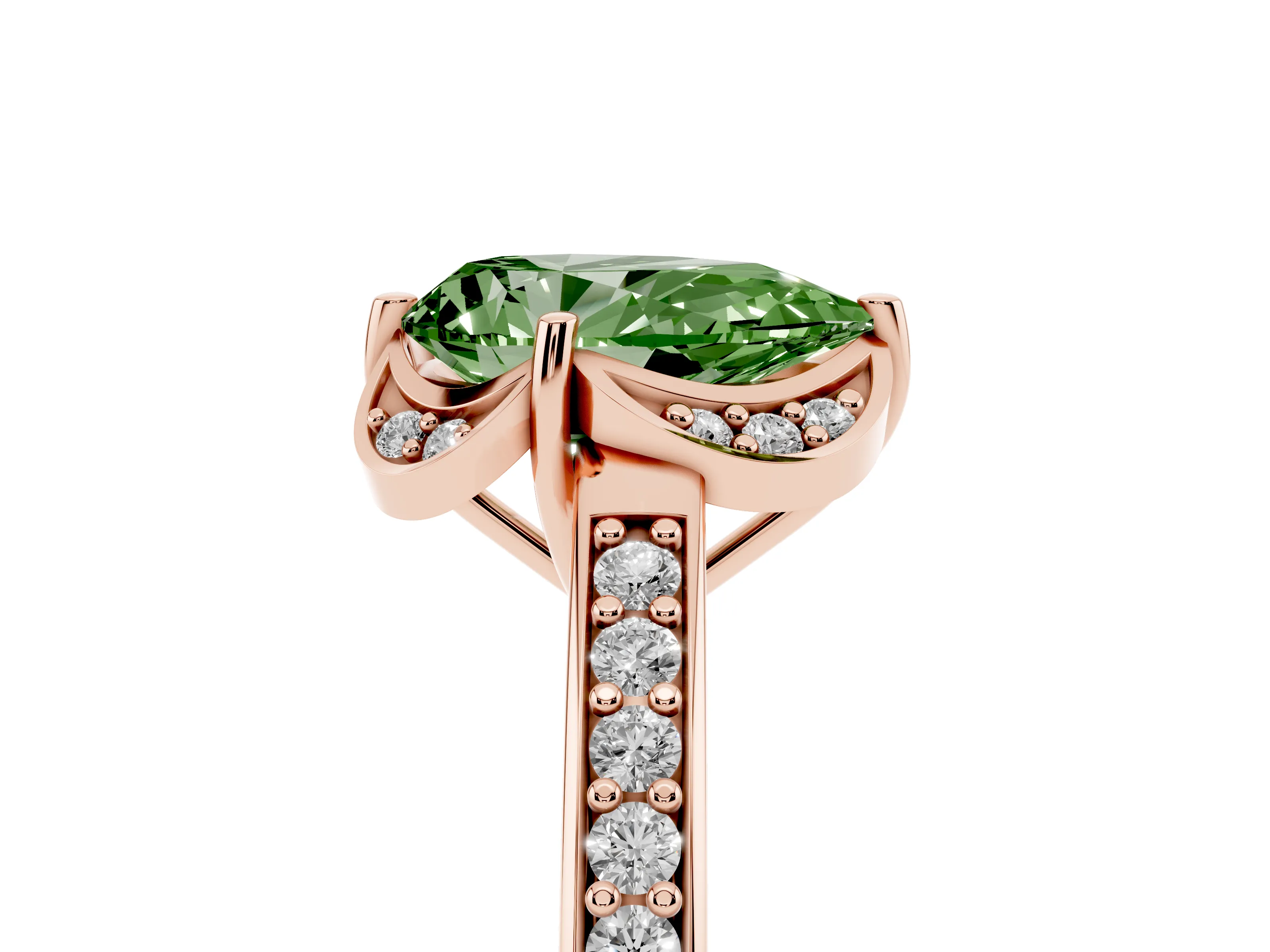 Fancy Green Pear Cut Diamond Halo Ring Set in Rose gold with Channel Set Band and Prong Setting
