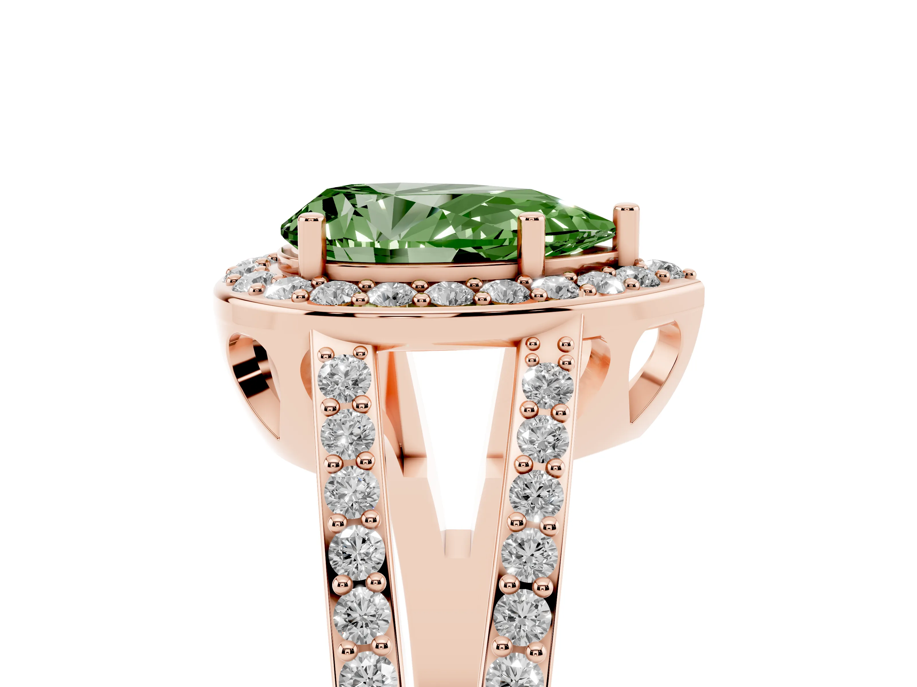Fancy Green Pear Cut Diamond Halo Ring Set in Rose gold with U-Prong Split Shank and Prong Setting