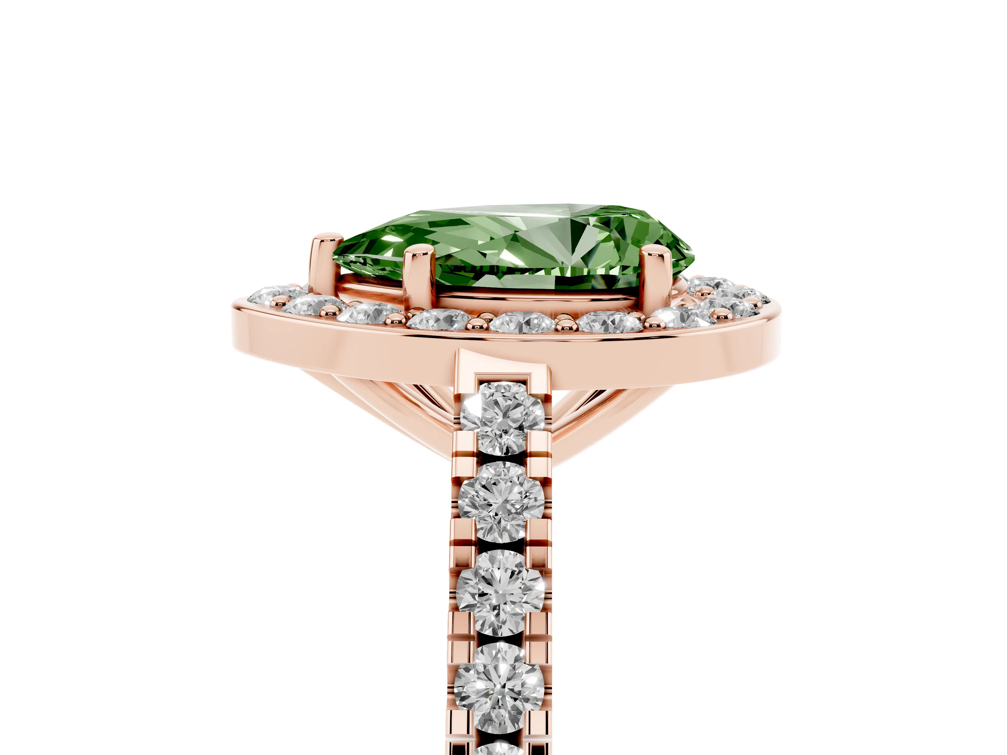 Fancy Green Pear Cut Diamond Halo Ring Set in Rose gold with Round Pavé Split Shank and Prong Setting