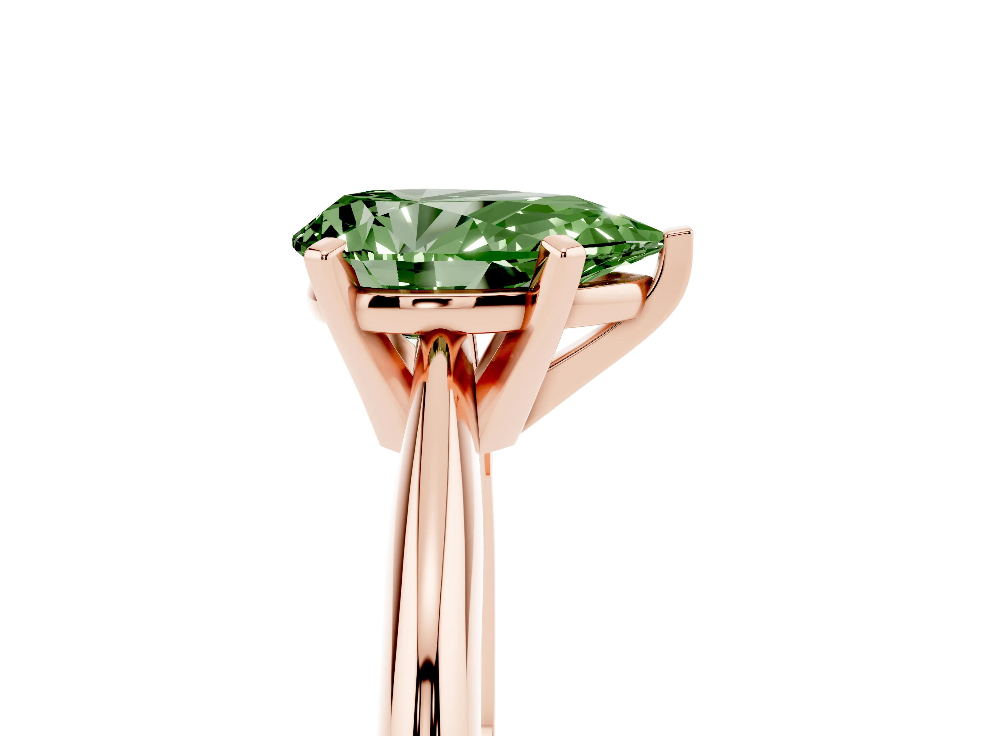 Fancy Green Pear Cut Diamond Solitaire Ring Set in Rose gold with Prong Setting on a Plain Round Band