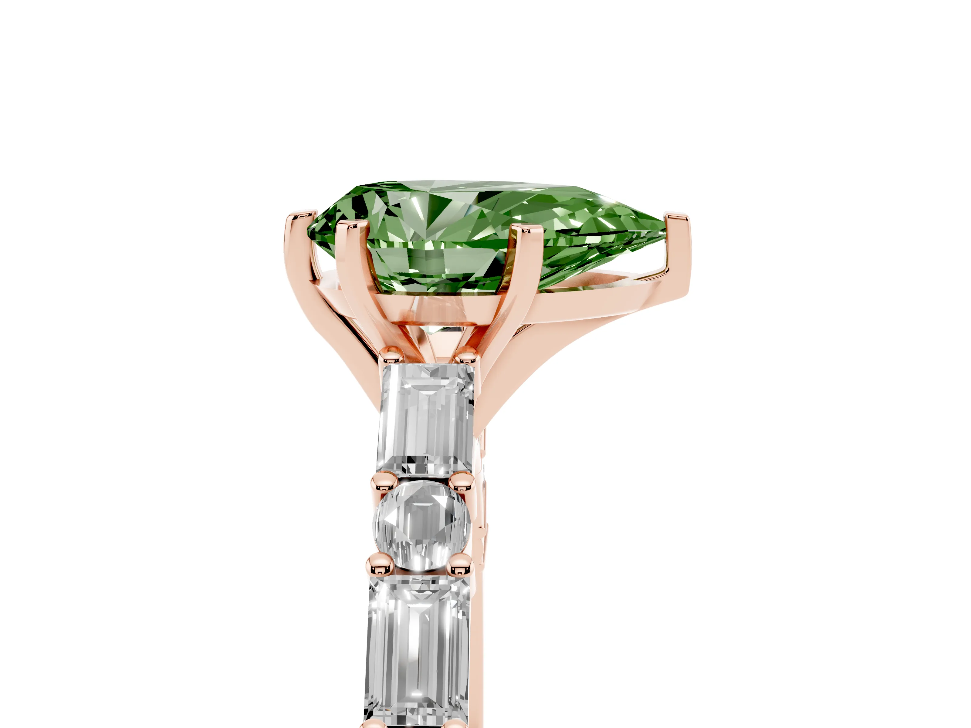 Fancy Green Pear Cut Diamond Solitaire Set in Rose gold with Side Baguettes and Channel Set Band