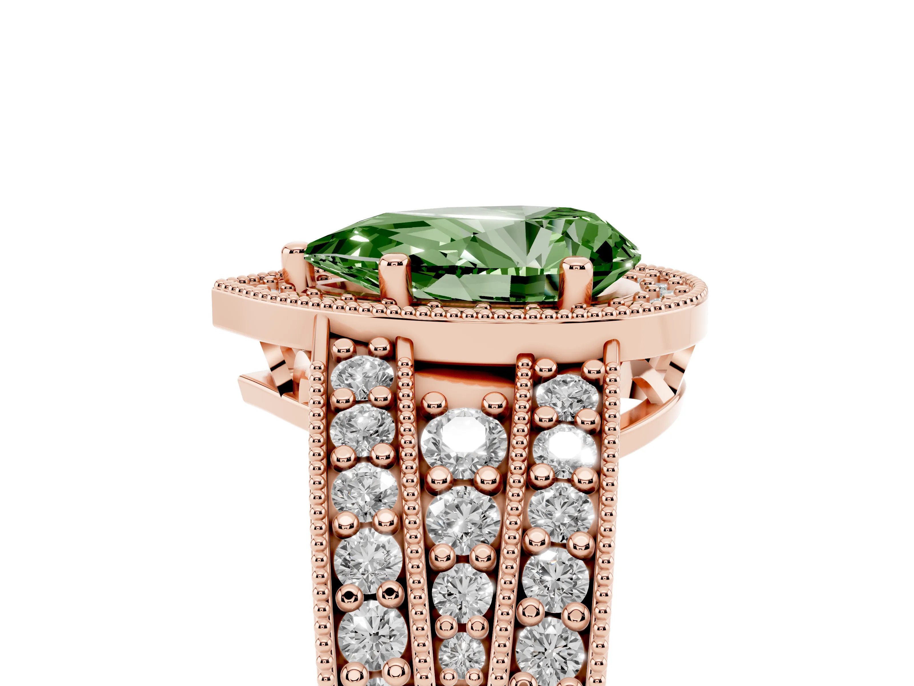 Fancy Green Pear Cut Diamond Halo Ring Set in Rose gold with Accent Split Shank and Prong Setting