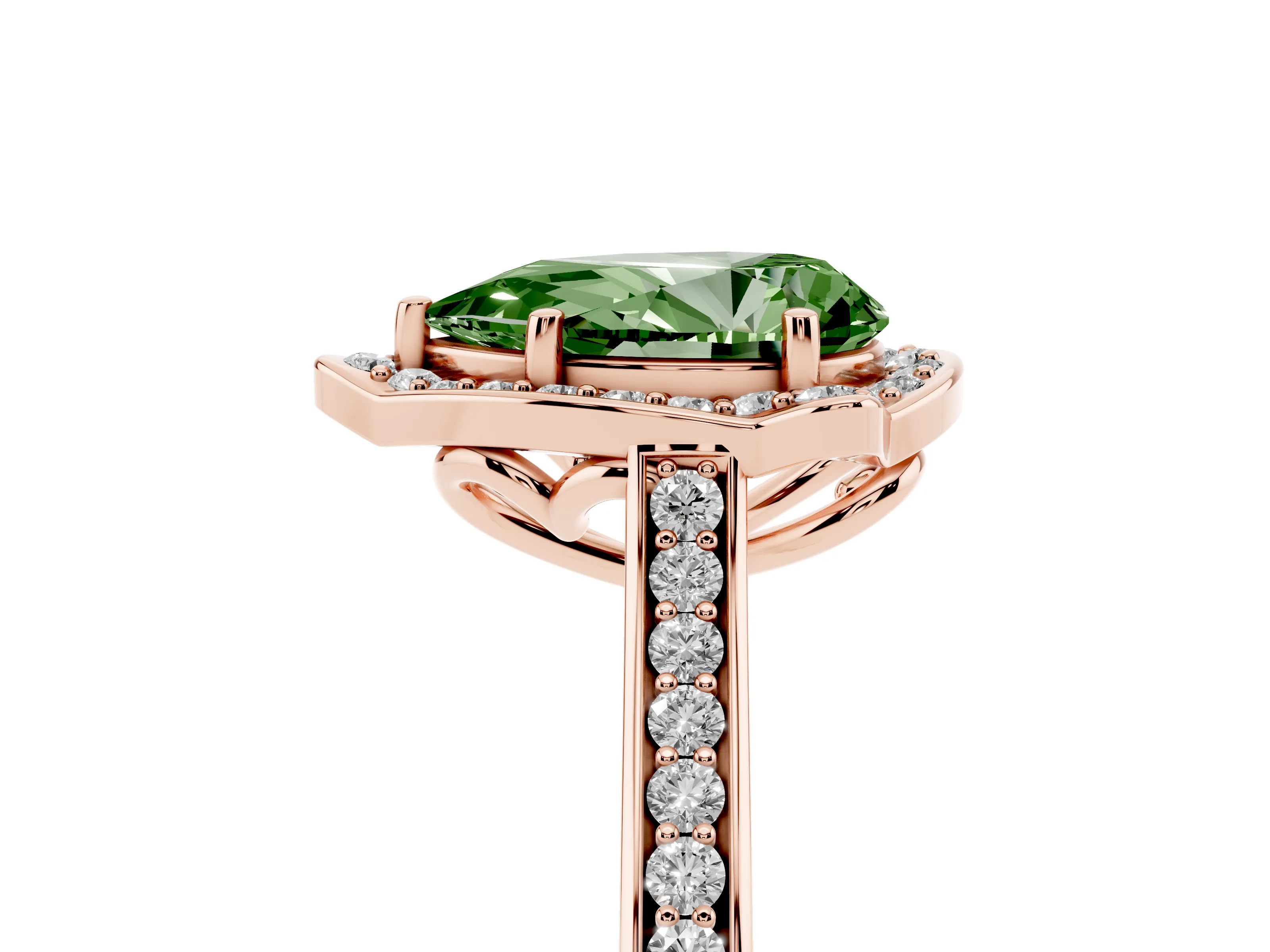 Fancy Green Pear Cut Diamond Halo Ring Set in Rose gold with Pavé-Lined Shoulders and Prong Setting