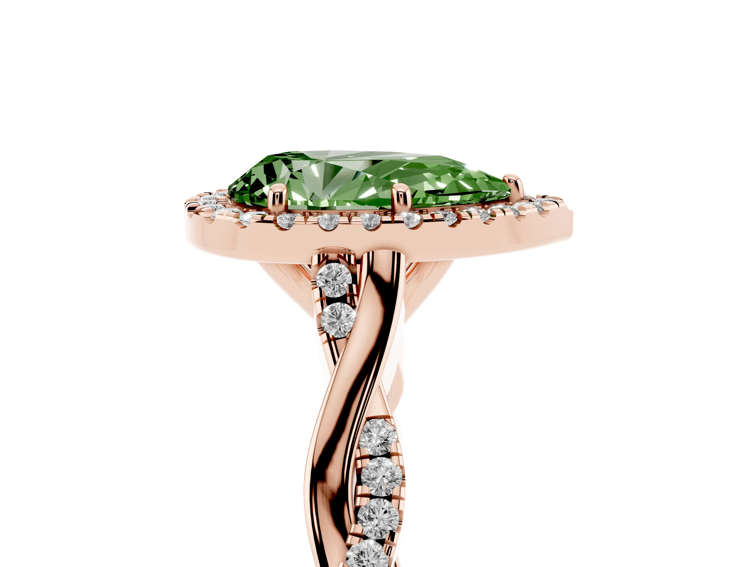 Fancy Green Pear Cut Diamond Halo Twist Band Solitaire Ring Set in Rose gold with Prong Setting