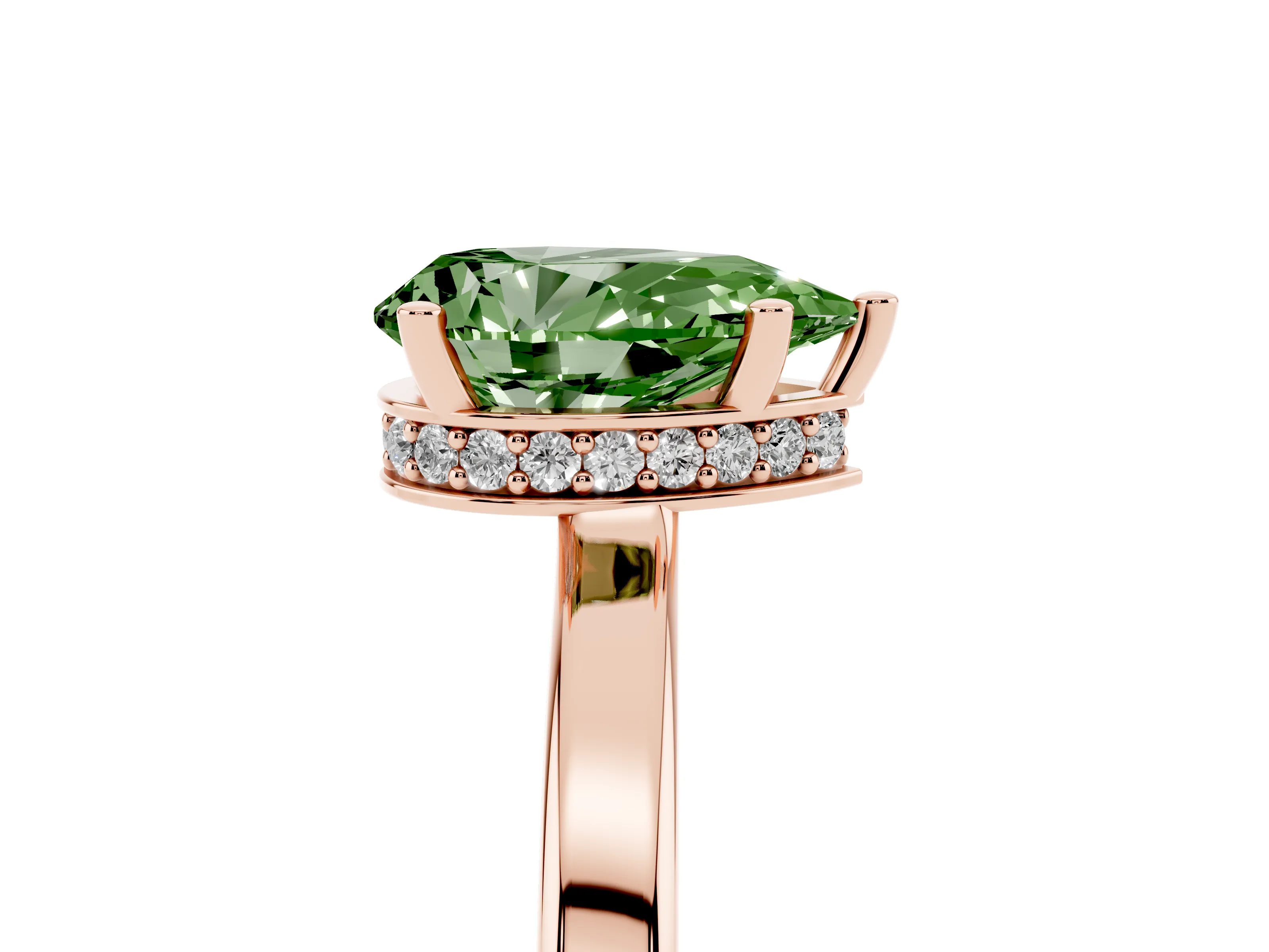 Fancy Green Pear Cut Diamond Solitaire Engagement Ring Set in Rose gold with Prong Setting on a Plain Band