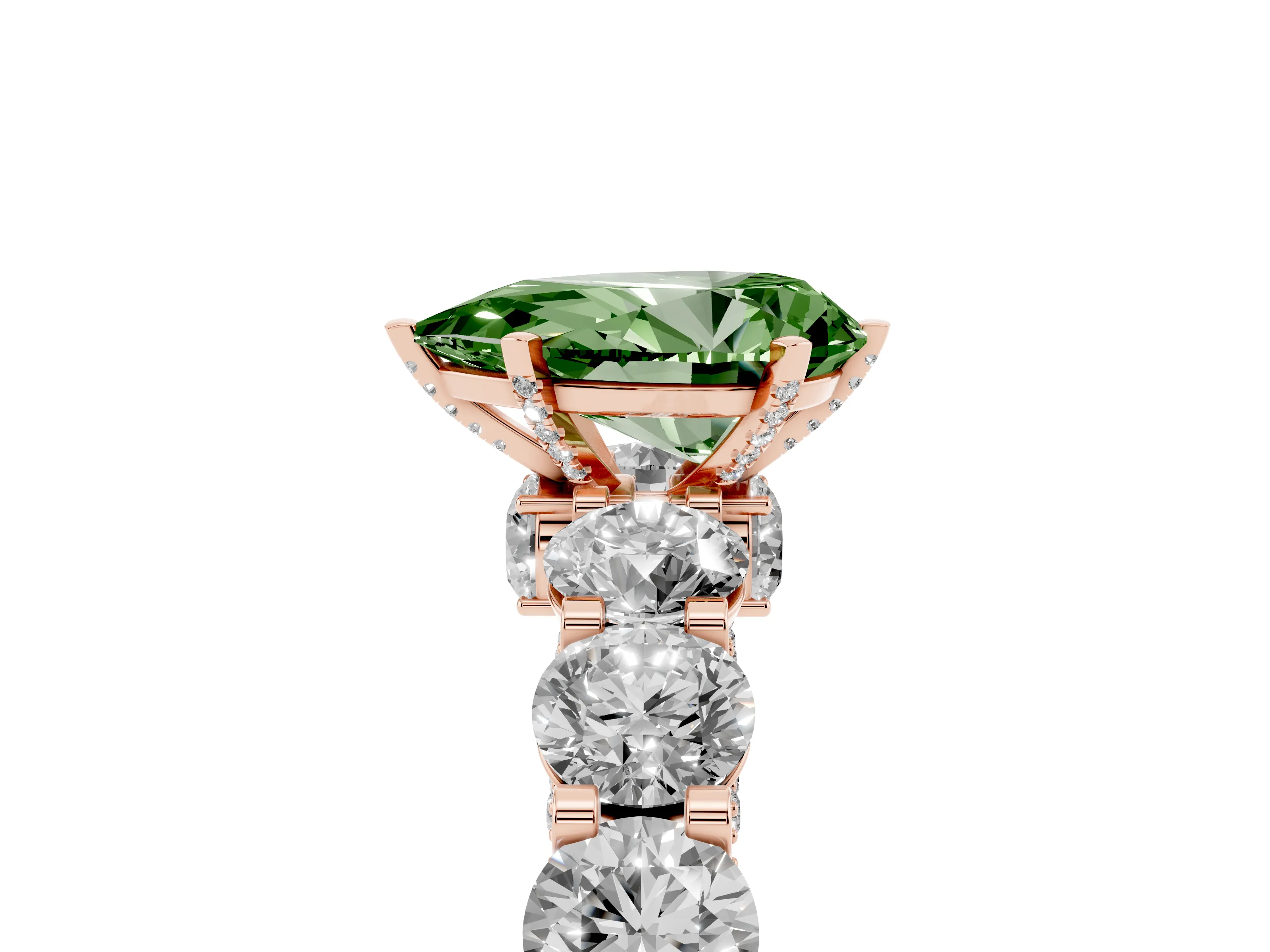 Fancy Green Pear Cut Diamond Side Stone Ring Set in Rose gold with Alternating Round and Oval Side Stones