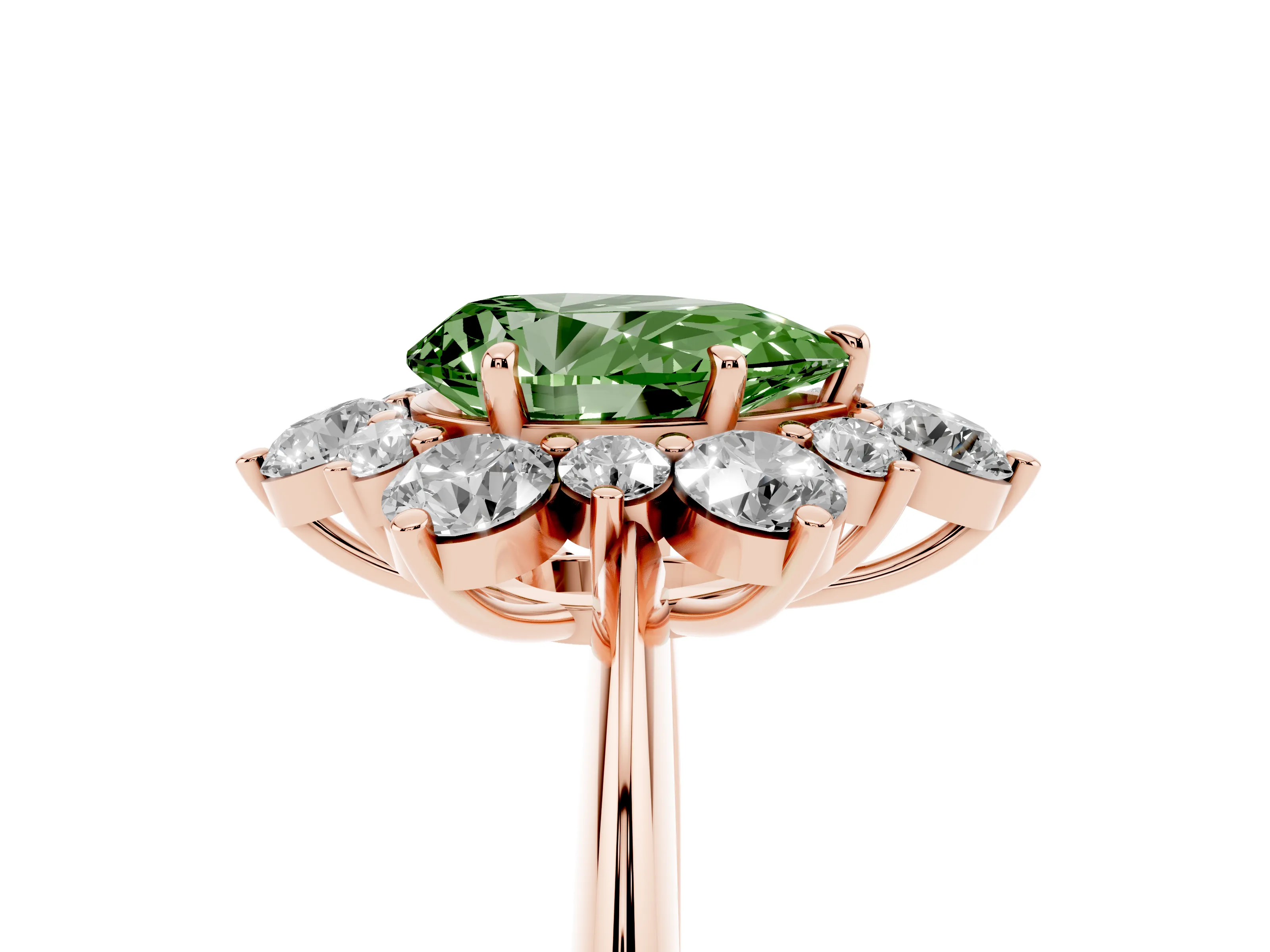 Fancy Green Pear Cut Diamond Cluster Halo Ring Set in Rose gold with Solitaire Band and Prong Setting