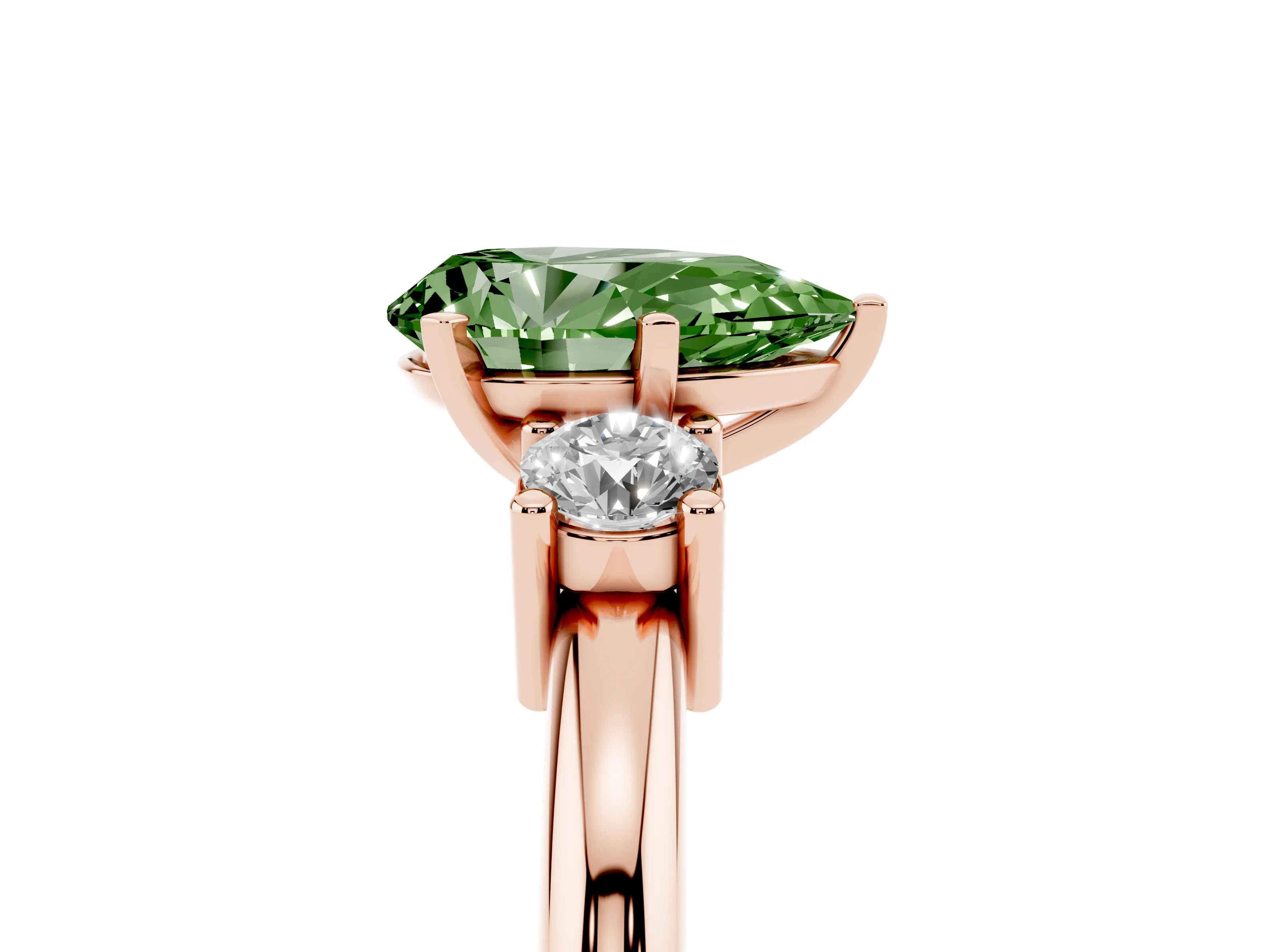 Fancy Green Three-Stone Pear Cut Diamond Ring Set in Rose gold with Prong Setting and Plain Band
