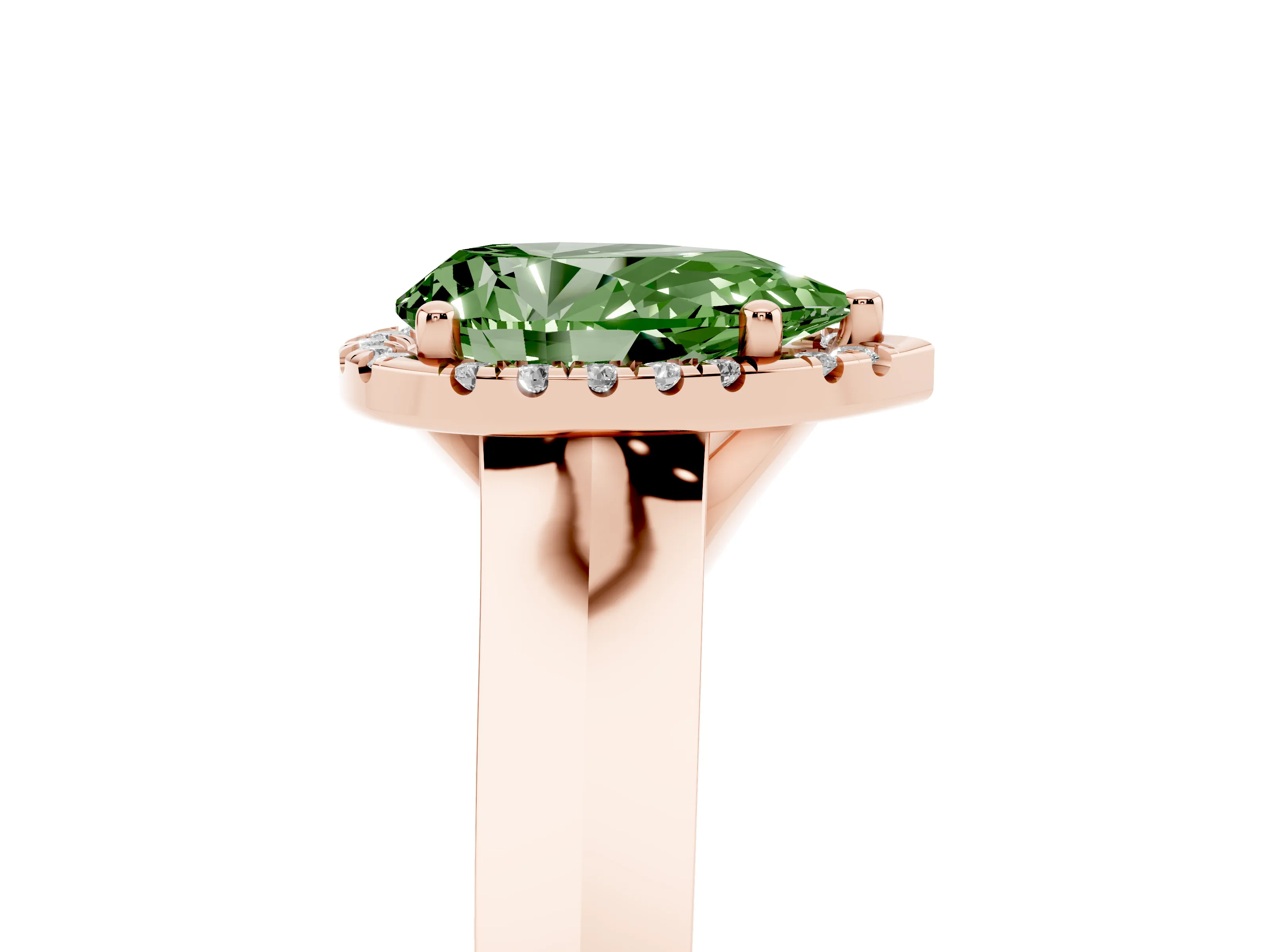 Fancy Green Pear Cut Diamond Halo Ring Set in Rose gold with Cathedral Band and Prong Setting