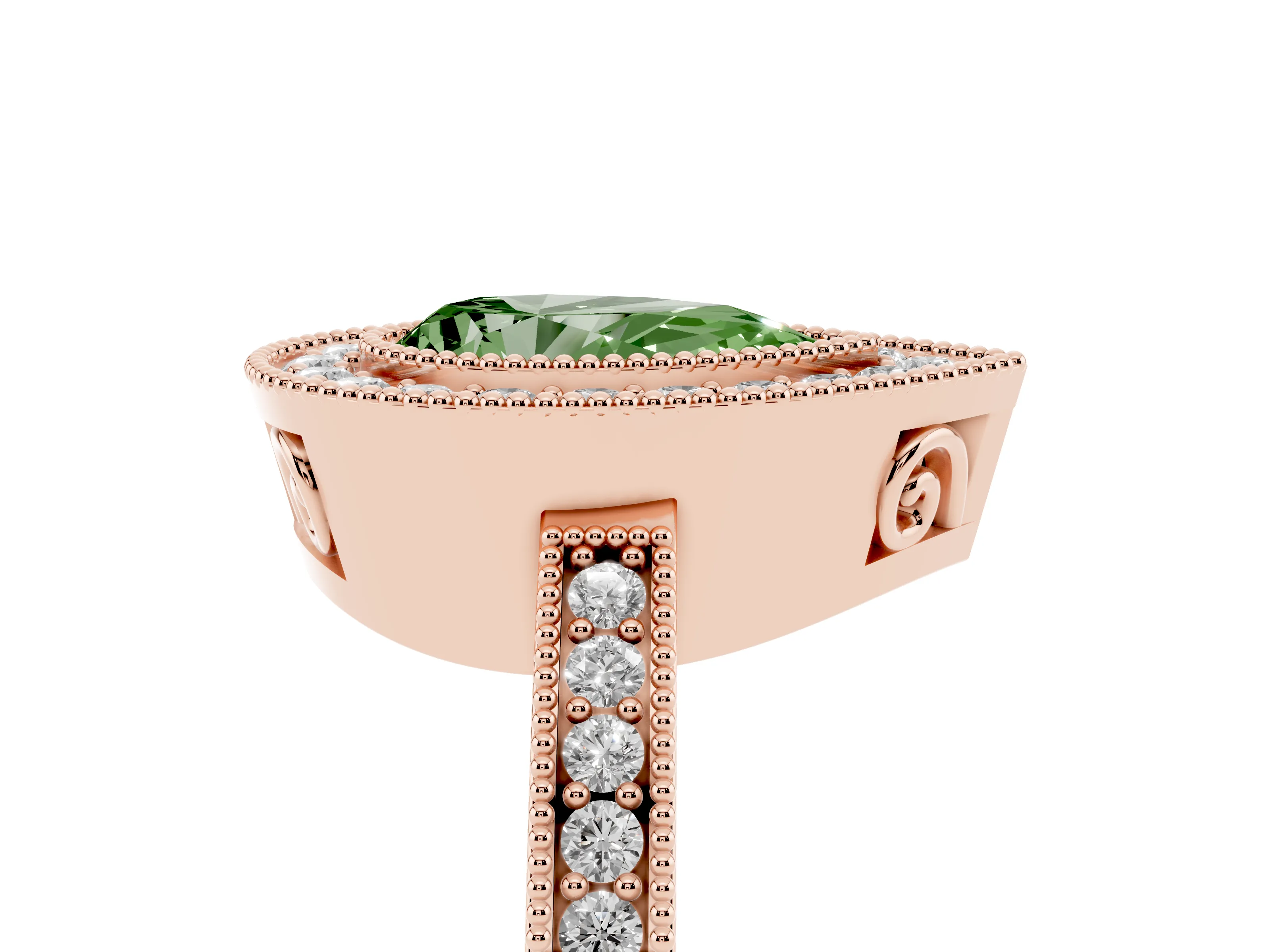 Fancy Green Pear Cut Diamond Round Halo Ring Set in Rose gold with Pavé Band