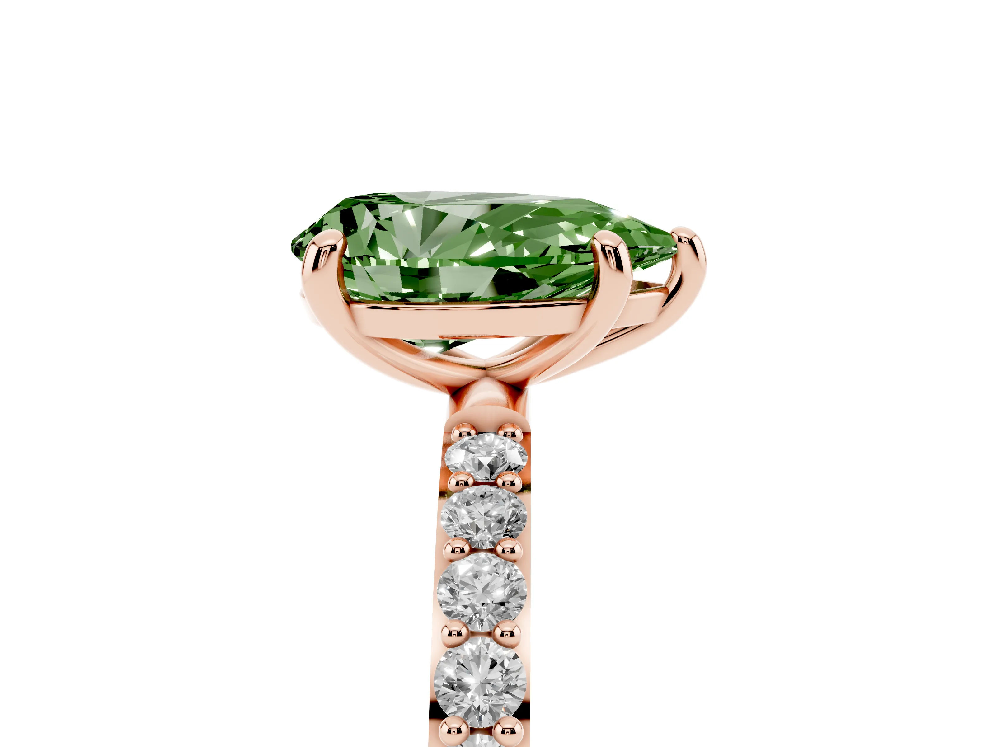 Fancy Green Pear Cut Diamond Solitaire Ring Set in Rose gold with Round Pavé Band and Prong Setting