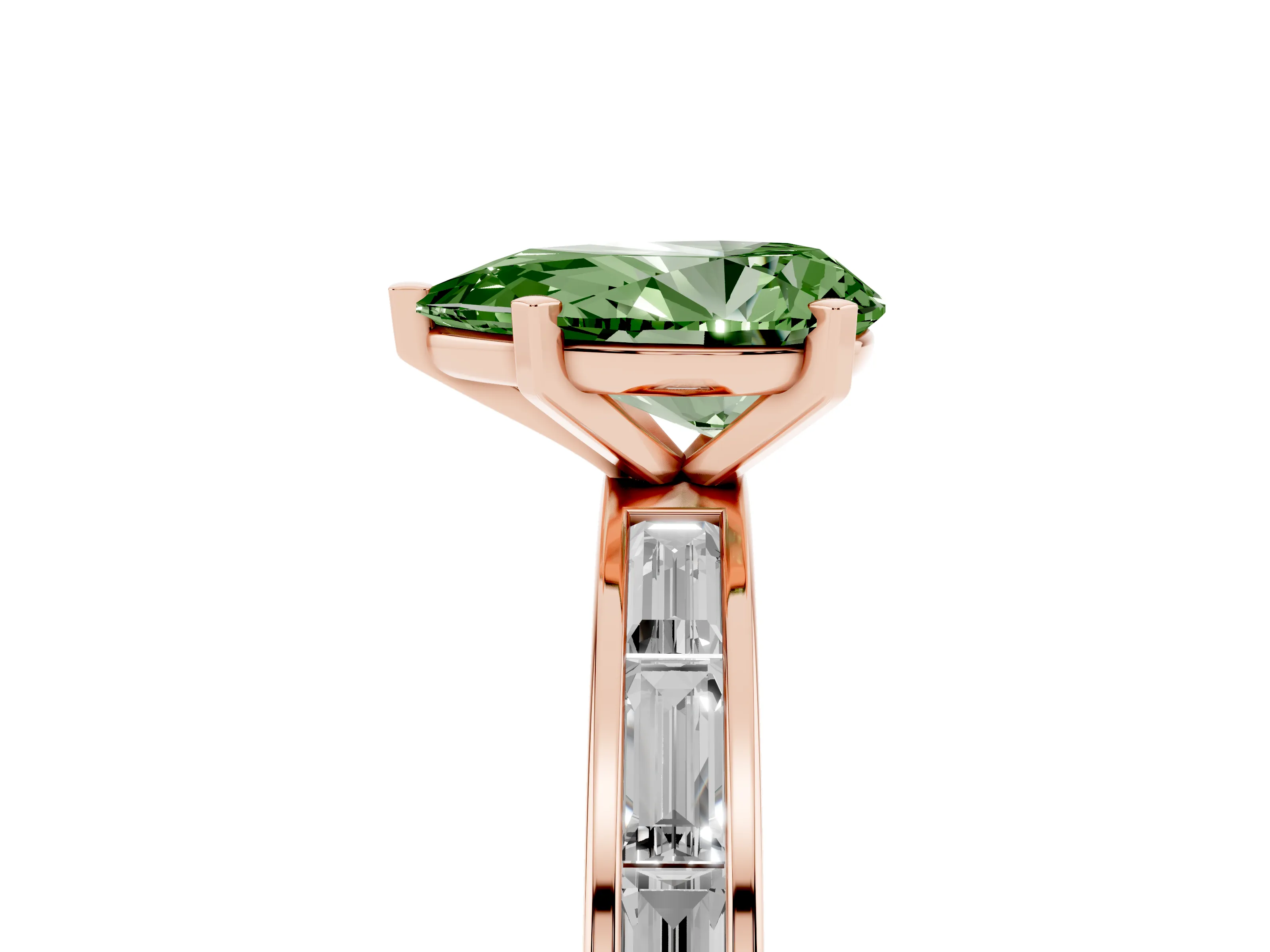 Fancy Green Pear Cut Diamond Solitaire Ring Set in Rose gold with Channel-Set Baguette Band and Prong Setting