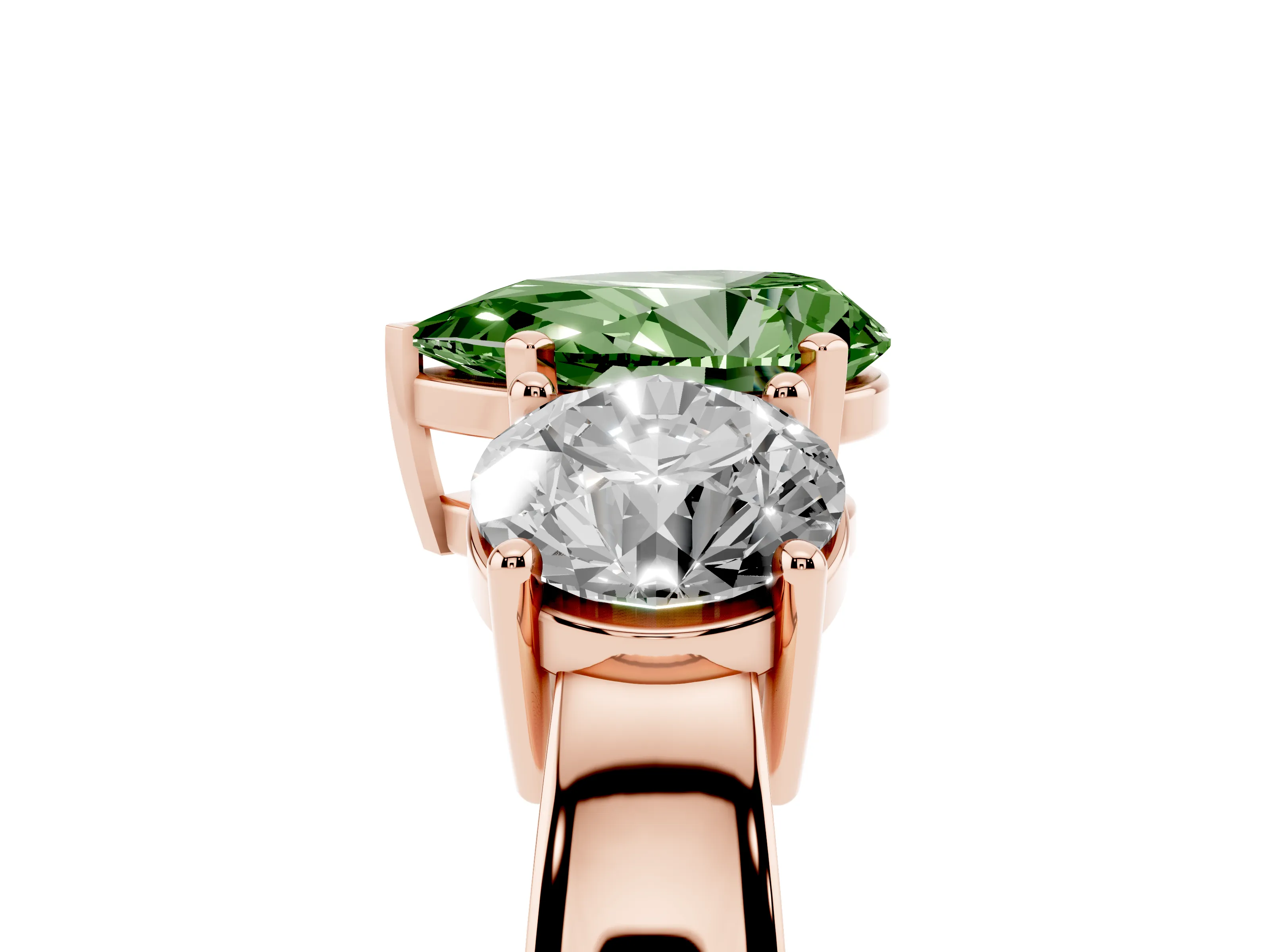 Fancy Green Pear Cut Diamond Three-Stone Ring Set in Rose gold with Round Side Stones and Classic Band