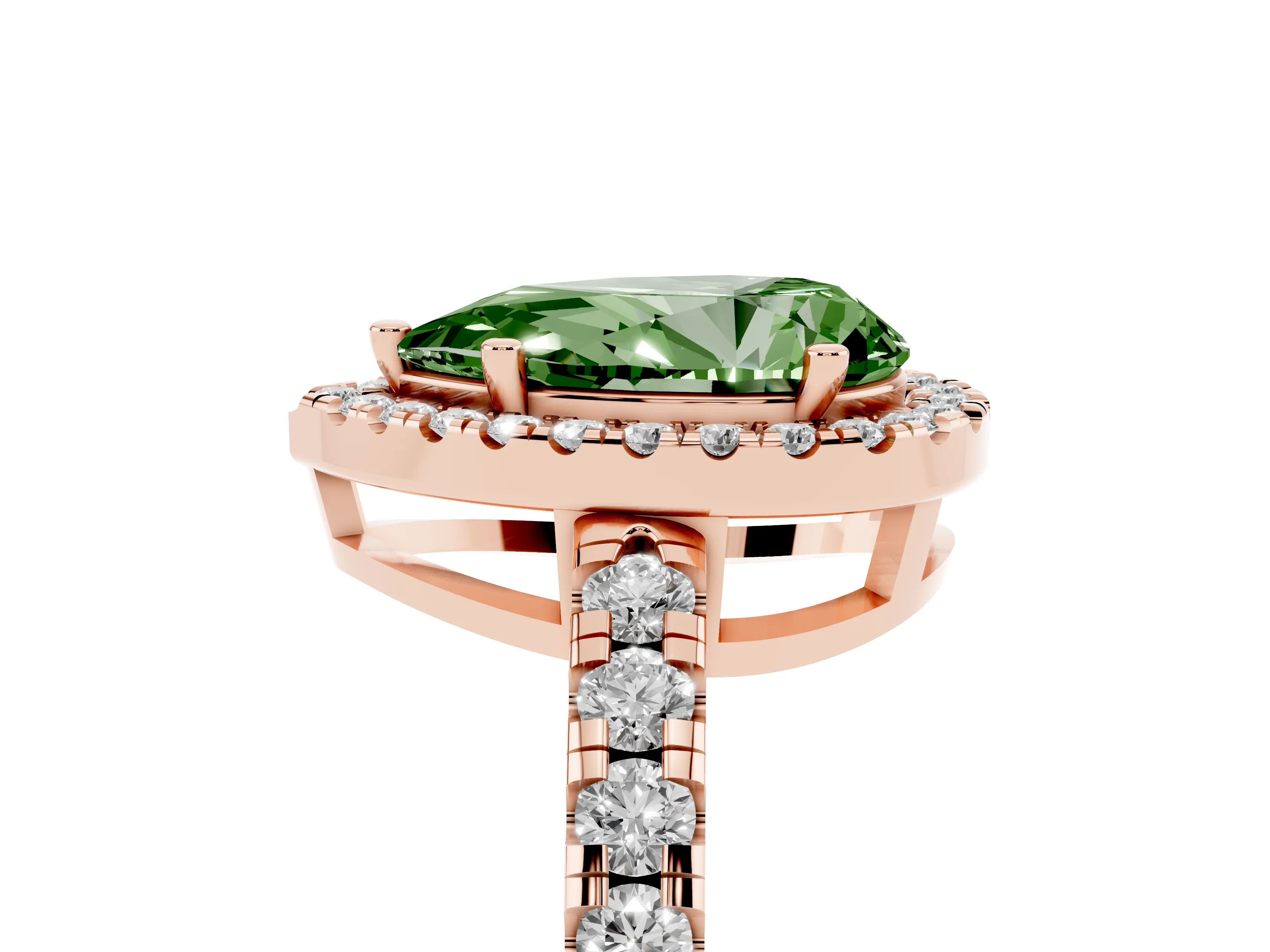 Fancy Green Pear Cut Diamond Halo Ring Set in Rose gold with Delicate Pavé Band and Prong Setting