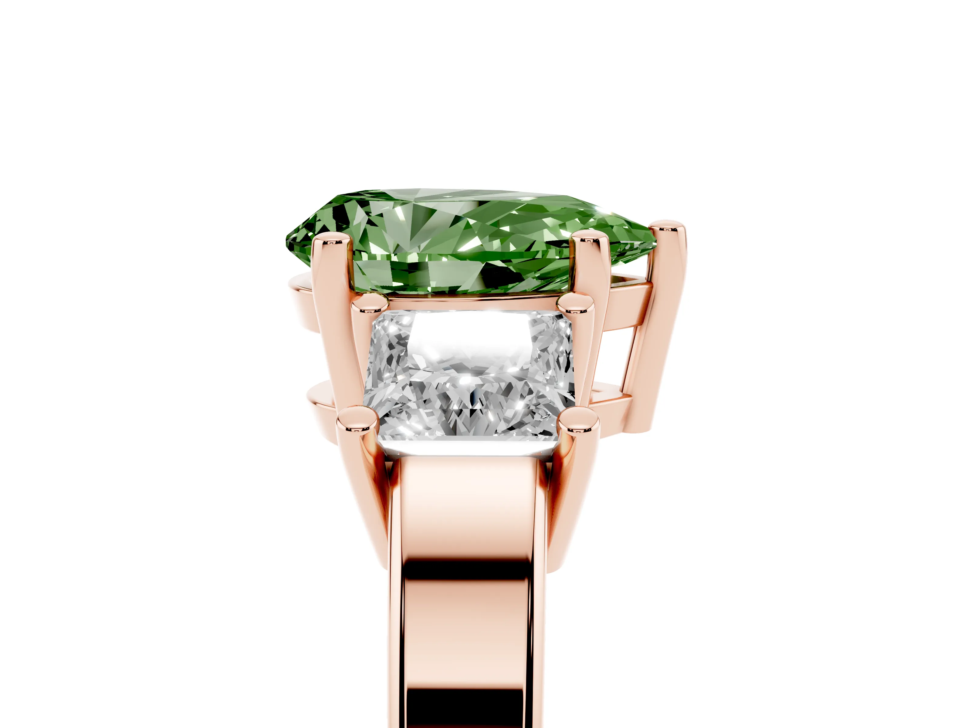 Fancy Green Three-Stone Pear Cut Diamond Solitaire Ring Set in Rose gold with Prong Setting