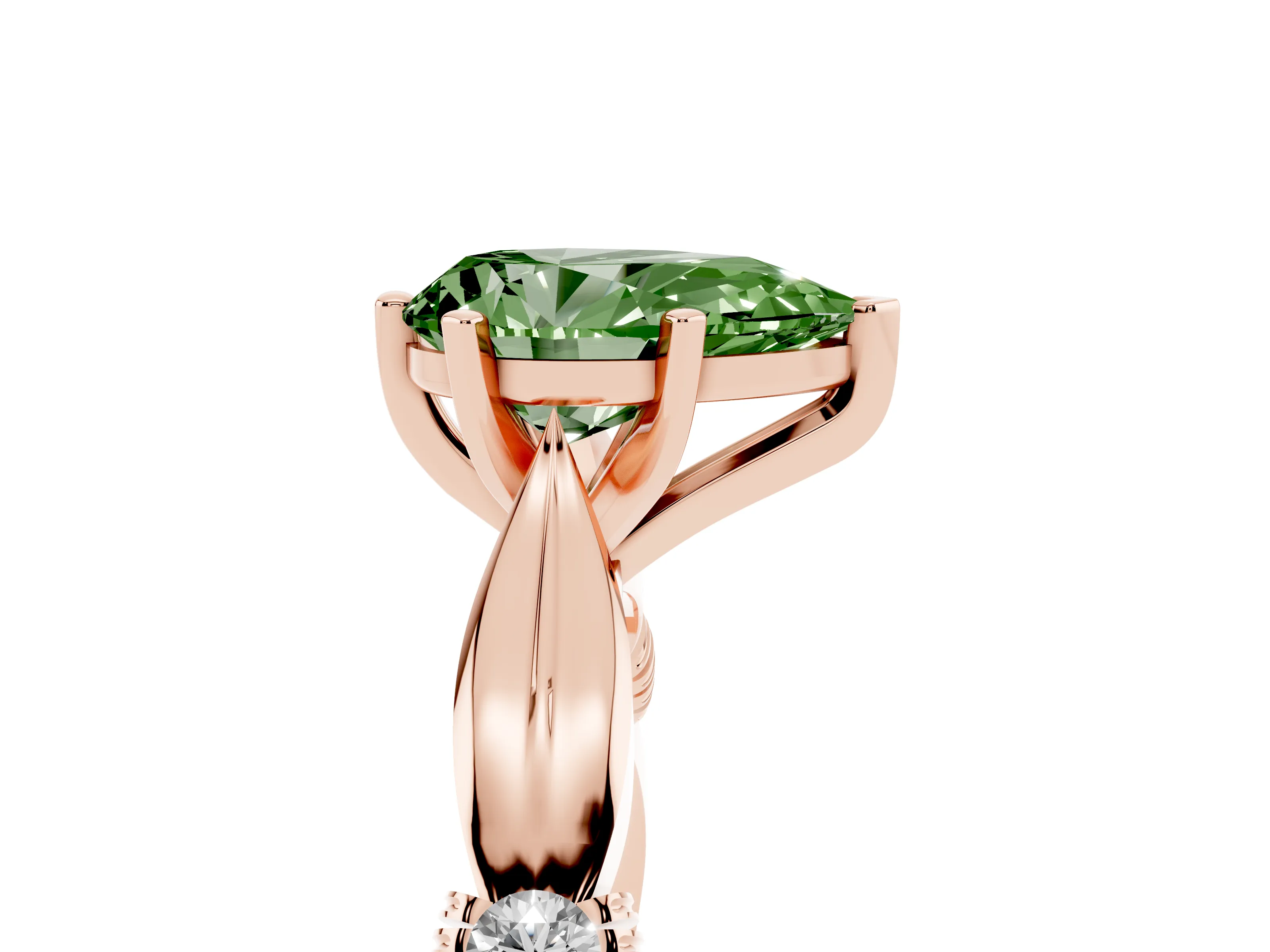 Fancy Green Pear Cut Diamond Solitaire Twisted Band Ring Set in Rose gold with Accent Stones and Prong Setting