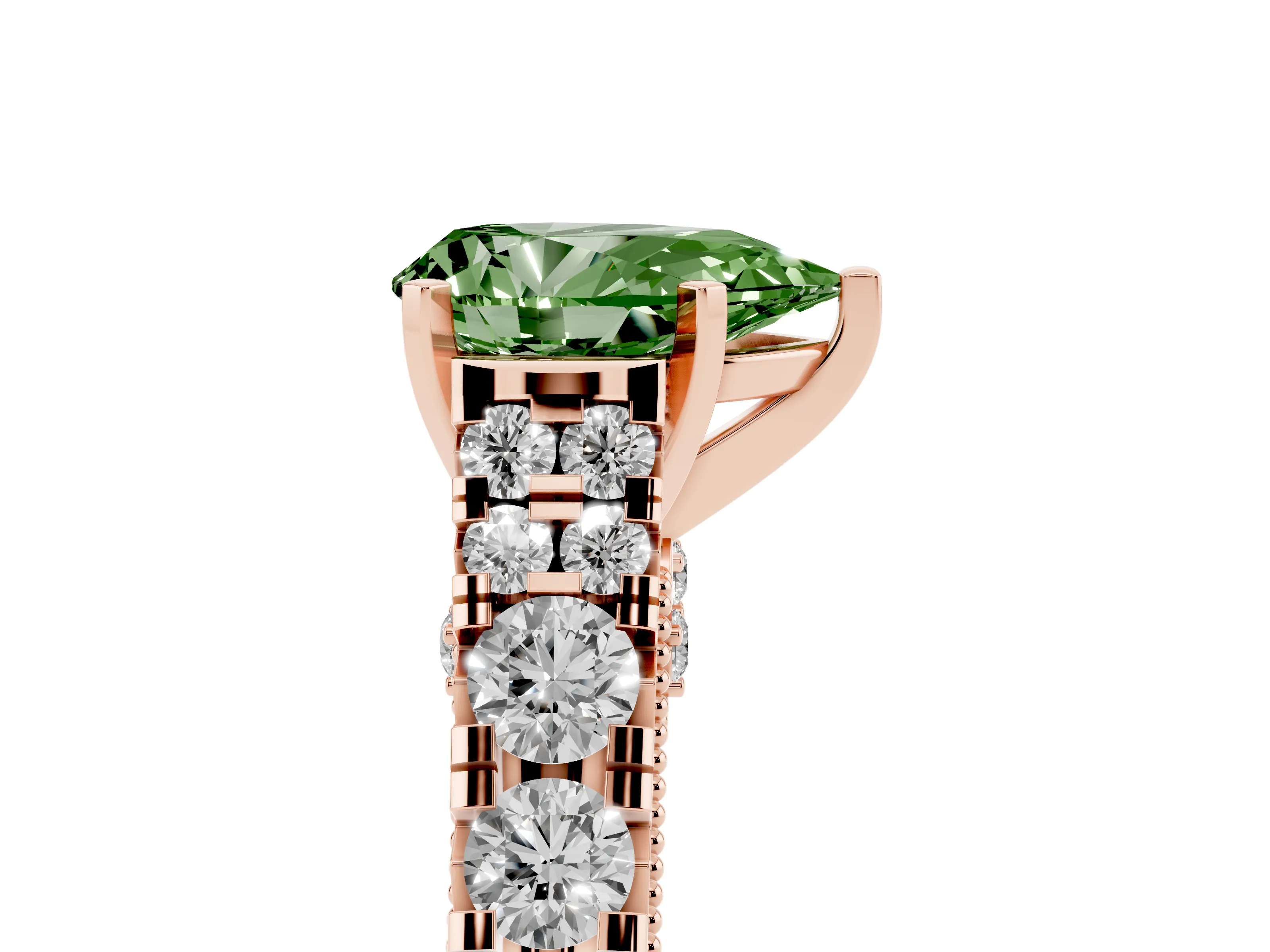 Fancy Green Pear Cut Diamond Classic Solitaire Ring Set in Rose gold with Pavé Band and Prong Setting