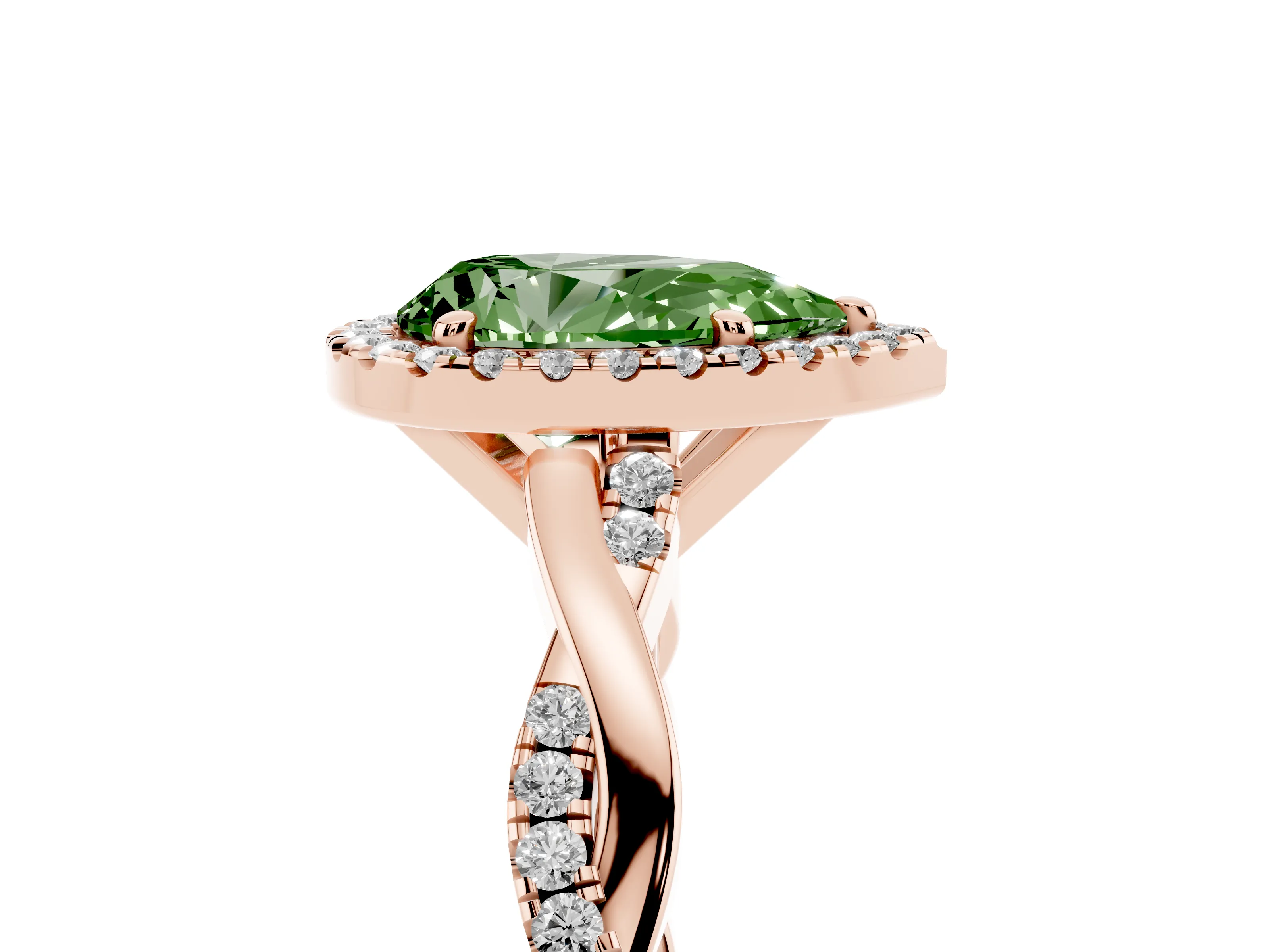 Fancy Green Pear Cut Diamond Halo Twisted Band Ring Set in Rose gold with Prong Setting