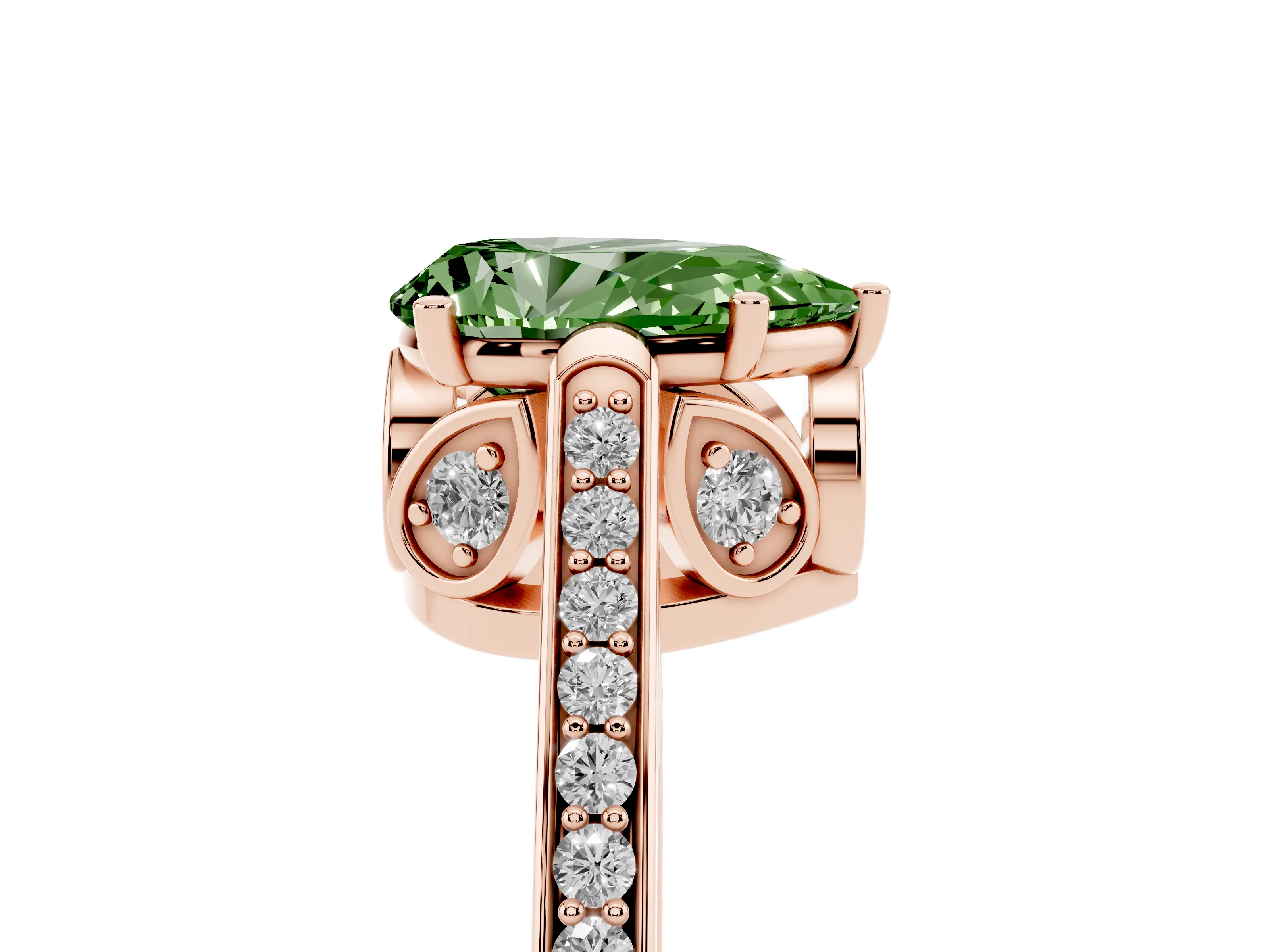 Fancy Green Pear Cut Diamond Cathedral Pavé Engagement Ring Set in Rose gold with Prong Setting