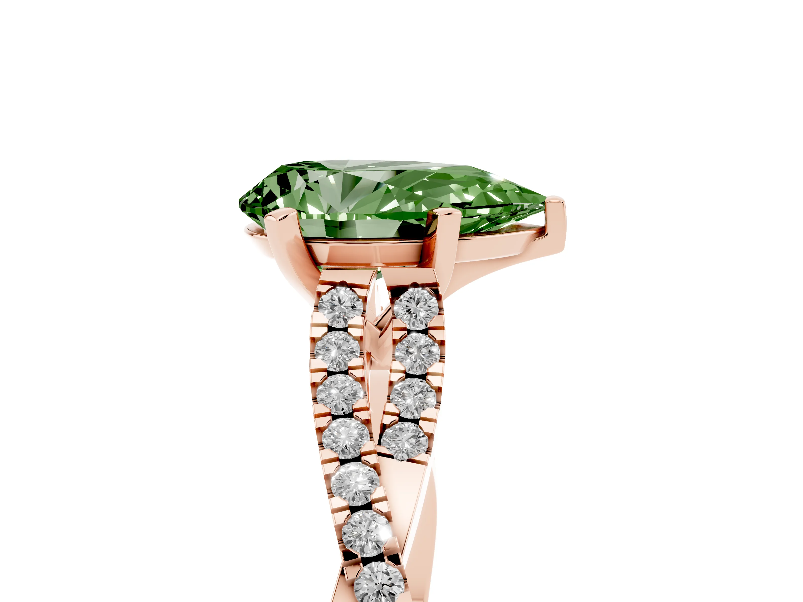 Fancy Green Pear Cut Diamond Solitaire Engagement Ring Set in Rose gold with Twisted Pavé Band and Prong Setting