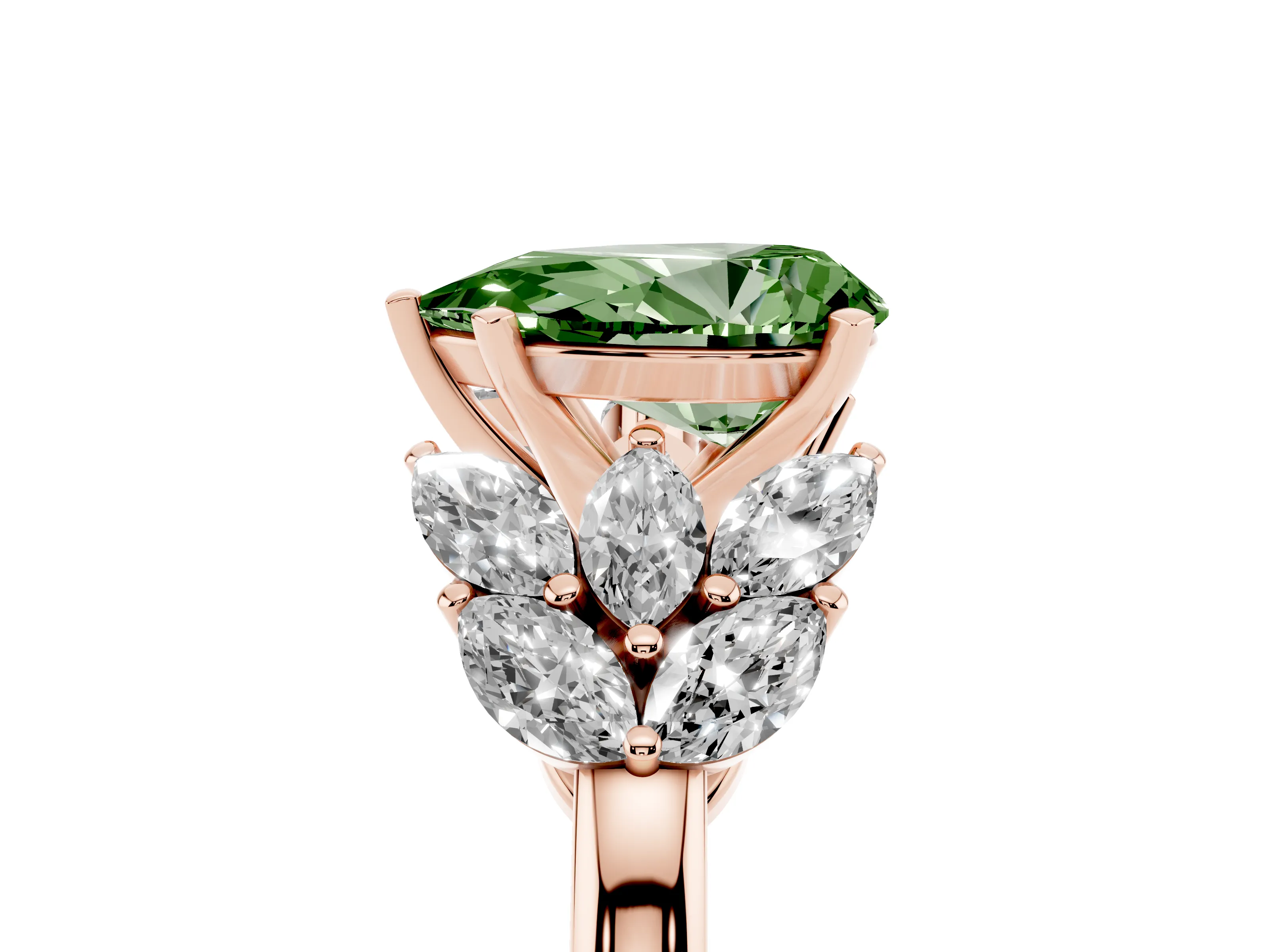 Fancy Green Pear Cut Diamond Cluster Leaf Design Ring Set in Rose gold with Prong Setting