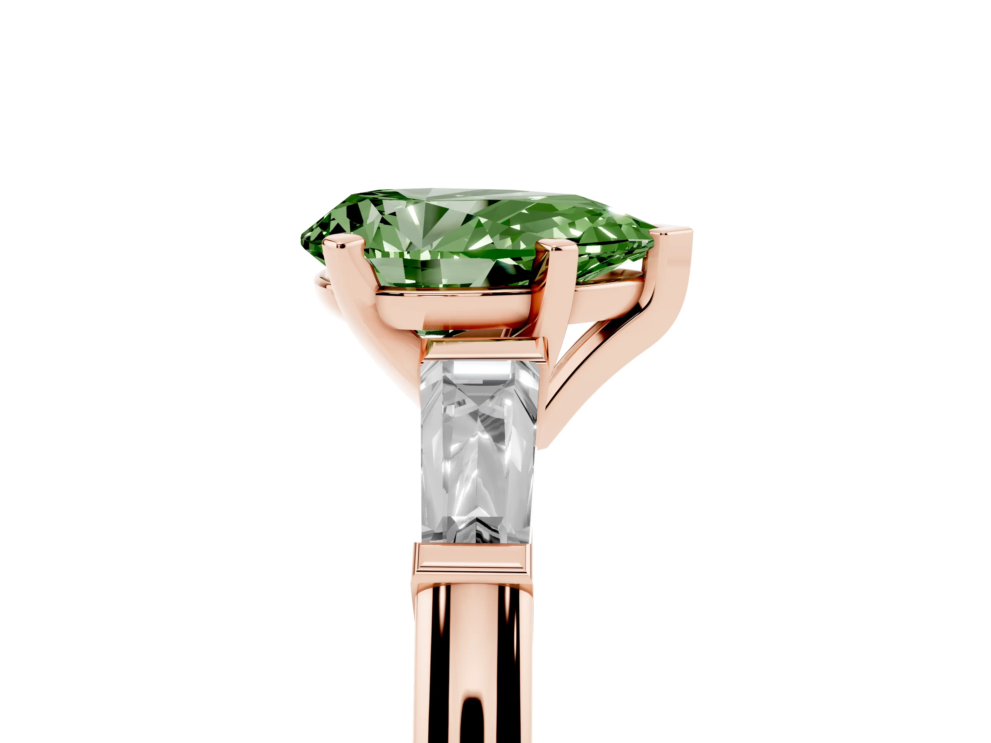 Fancy Green Pear Cut Diamond Solitaire Ring Set in Rose gold with Tapered Baguette Side Stones and Prong Setting