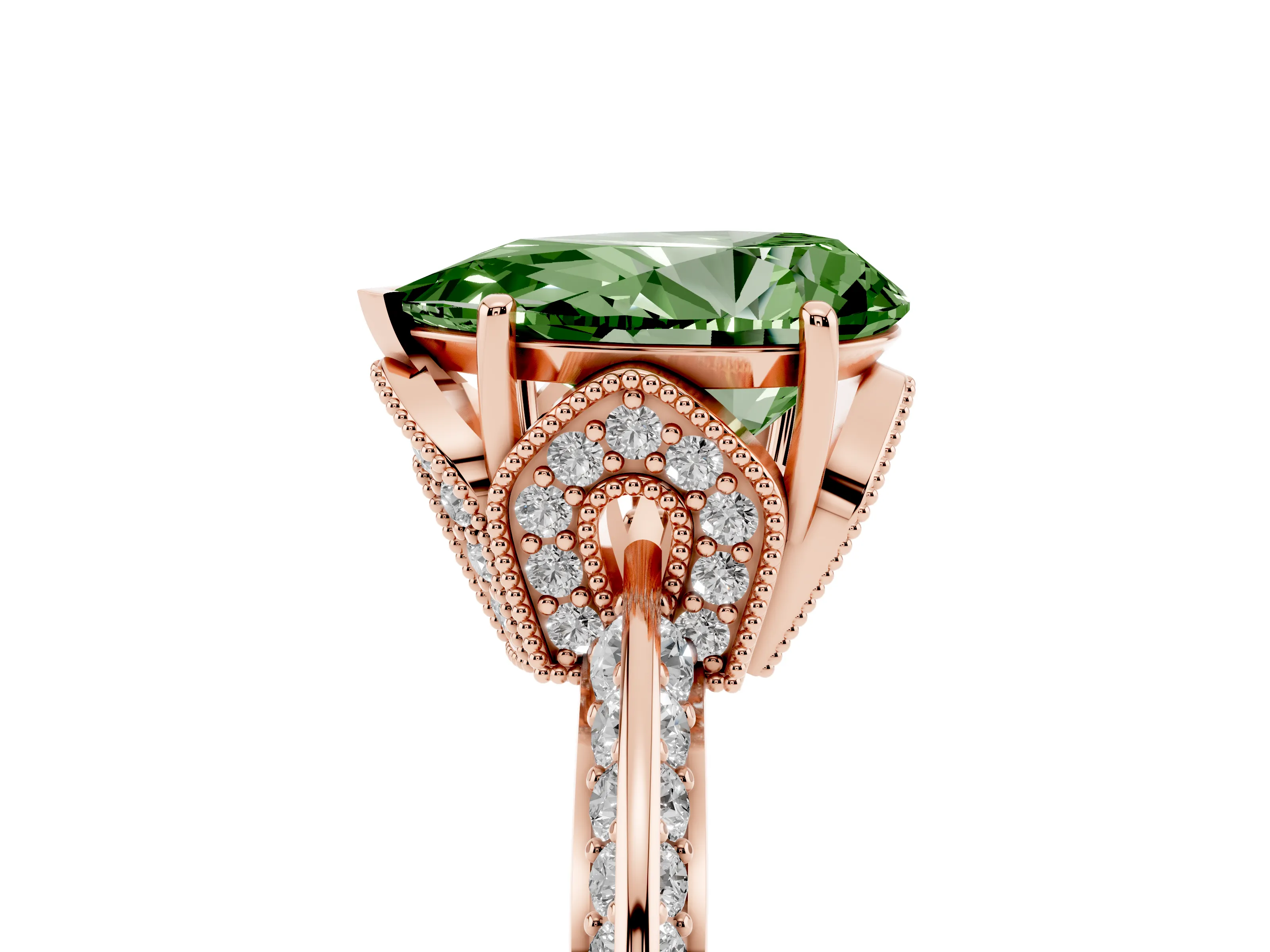Fancy Green Pear Cut Diamond Solitaire Engagement Ring Set in Rose gold with Pavé Split Shank and Prong Setting