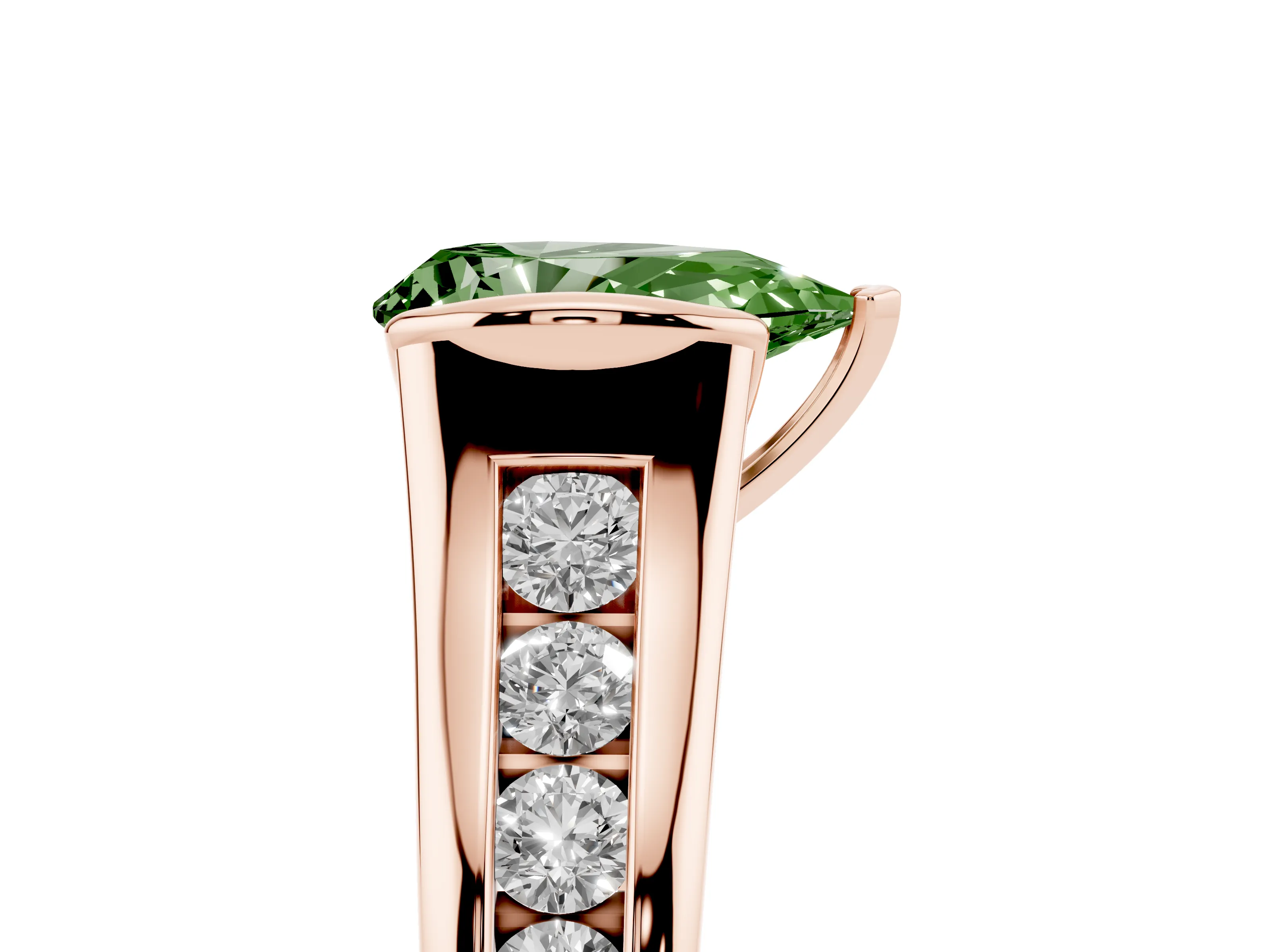 Fancy Green Pear Cut Diamond Bezel-Set Solitaire Ring Set in Rose gold with Channel-Set Band