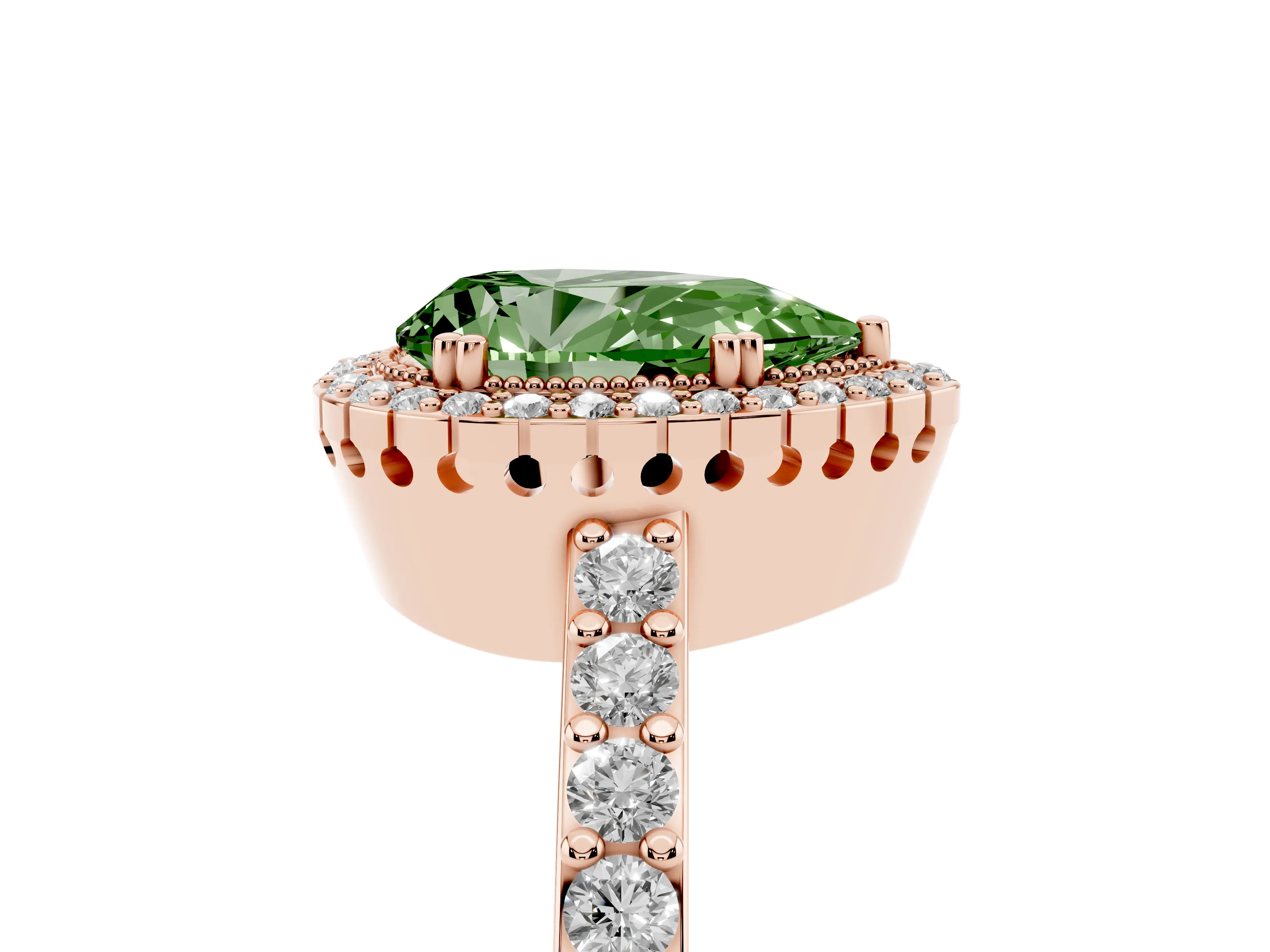 Fancy Green Pear Cut Diamond Halo Engagement Ring Set in Rose gold with Milgrain Detail and Pavé Band