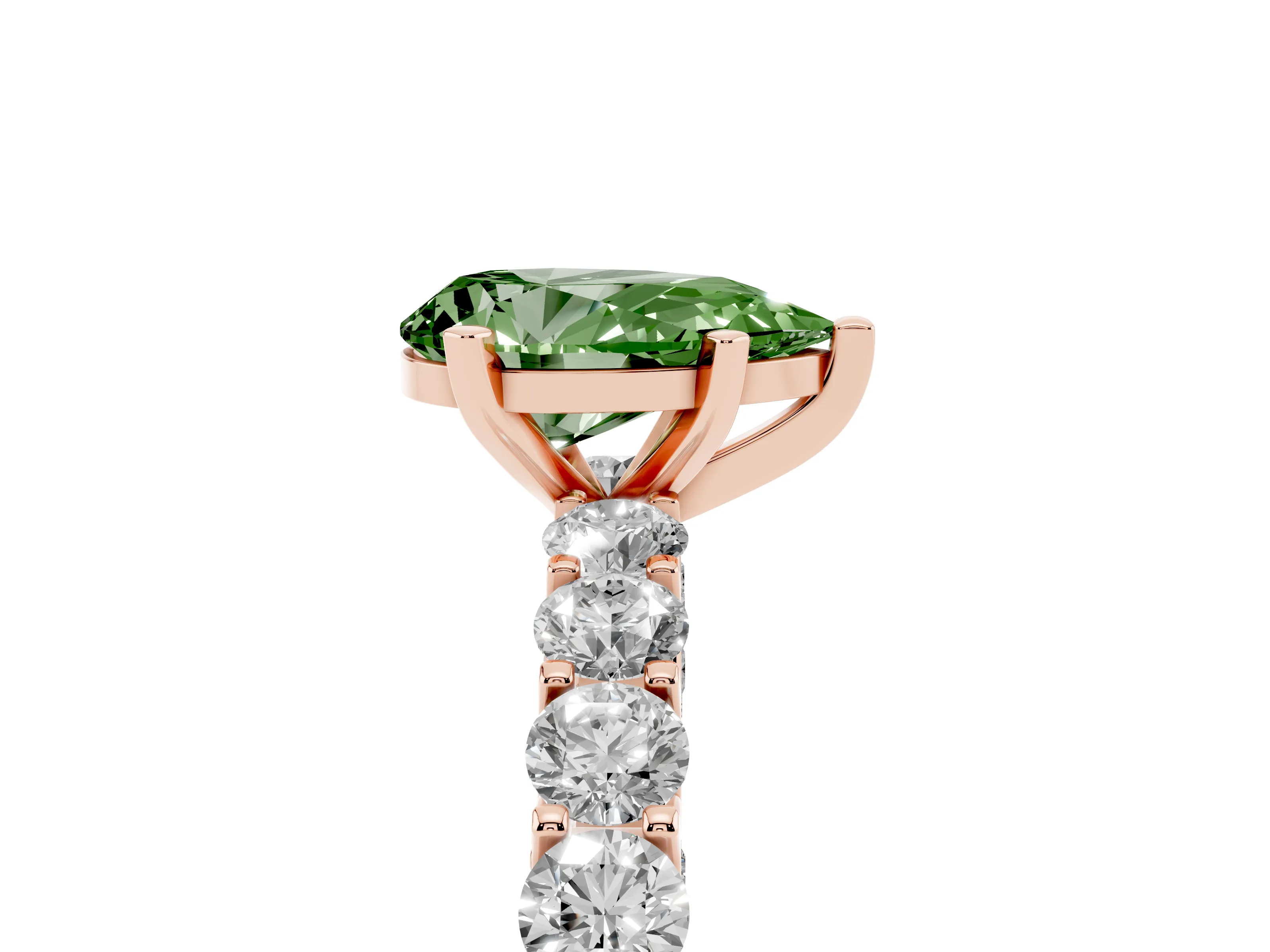 Fancy Green Pear Cut Diamond Solitaire Ring Set in Rose gold with Shared Prong Pavé Band