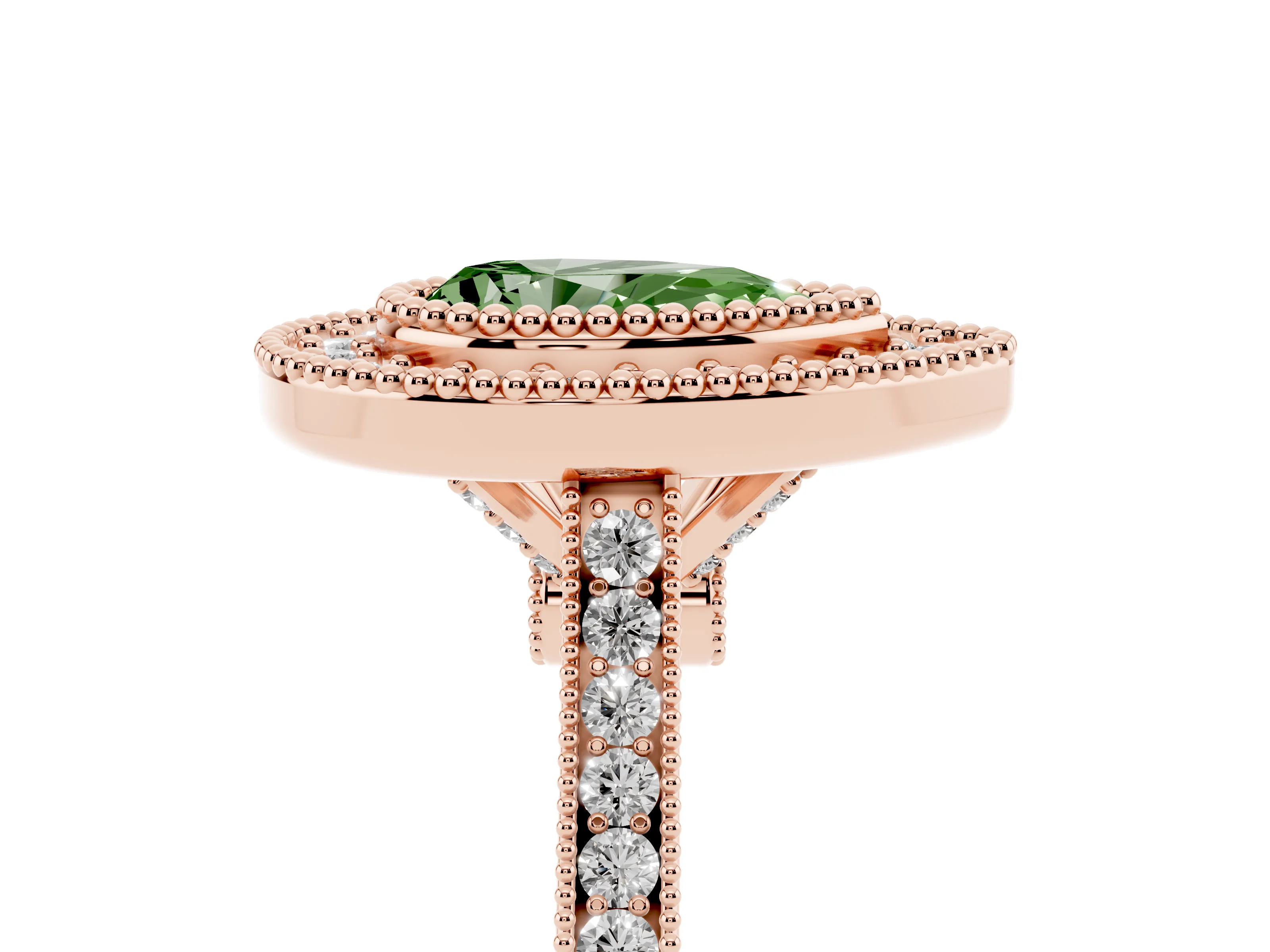 Fancy Green Pear Cut Diamond Halo Ring Set in Rose gold with Milgrain Frame and Pavé Band