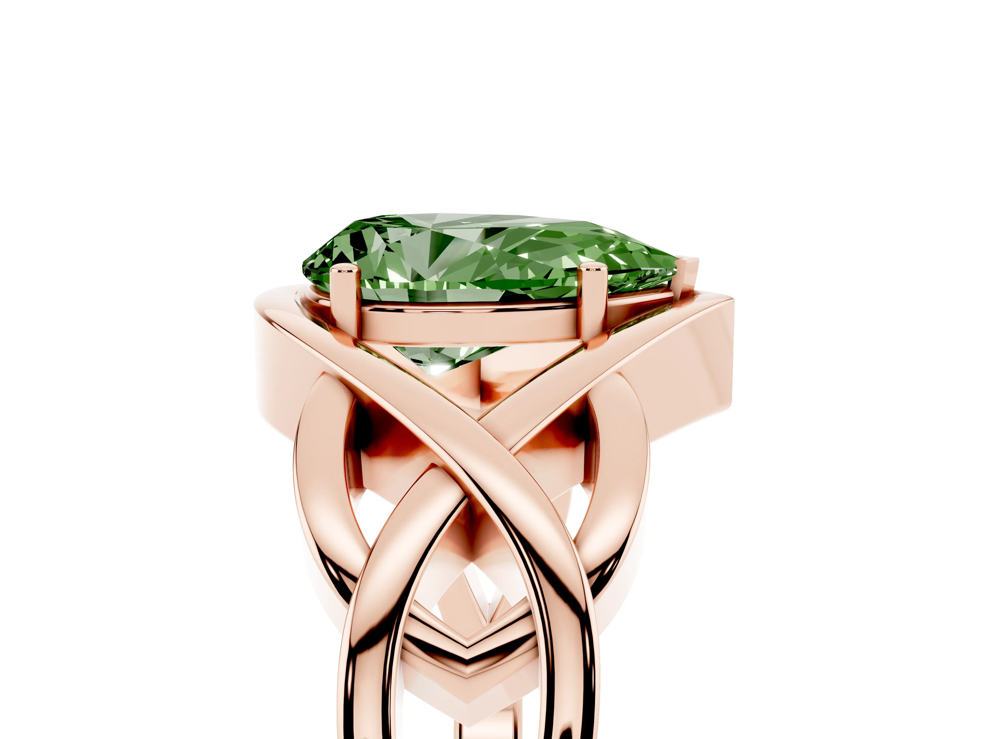 Fancy Green Pear Cut Diamond Solitaire Ring Set in Rose gold with Intertwined Band