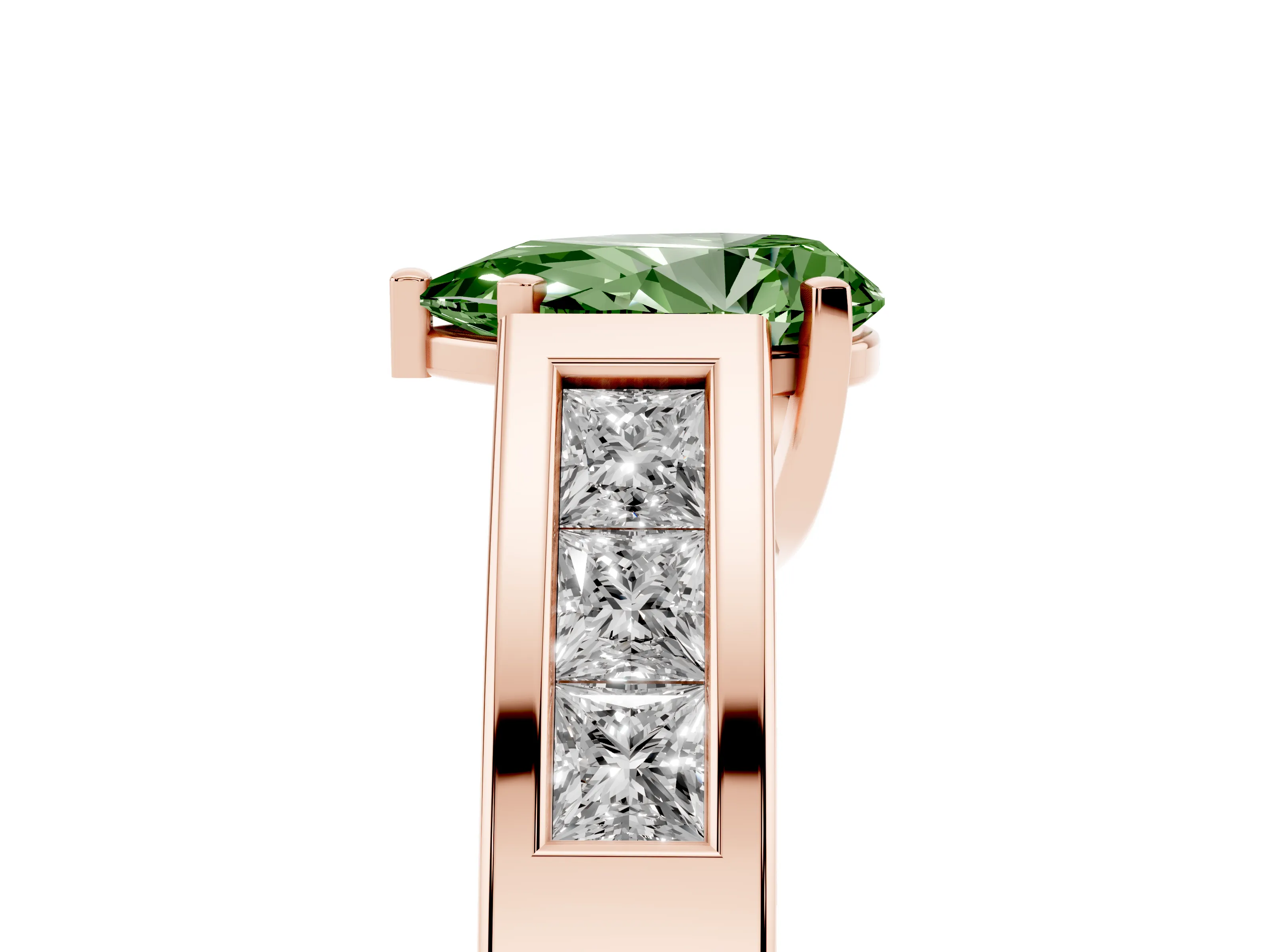 Fancy Green Pear Cut Diamond Solitaire Ring Set in Rose gold with Channel-Set Accent Stones and Prong Setting