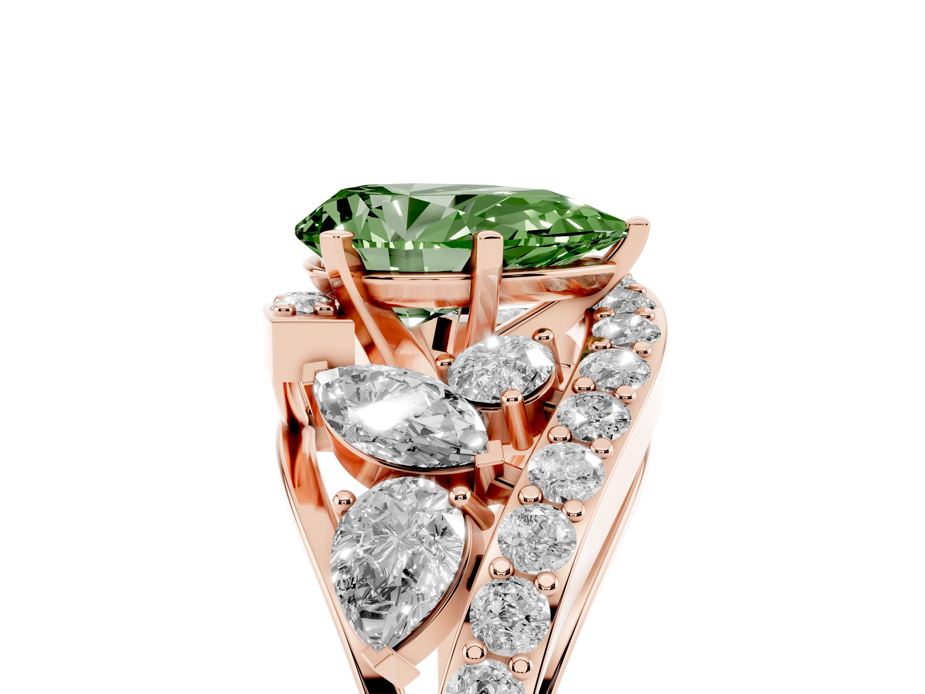 Fancy Green Pear Cut Diamond Halo Ring Set in Rose gold with Marquise and Pavé Band in Prong Setting