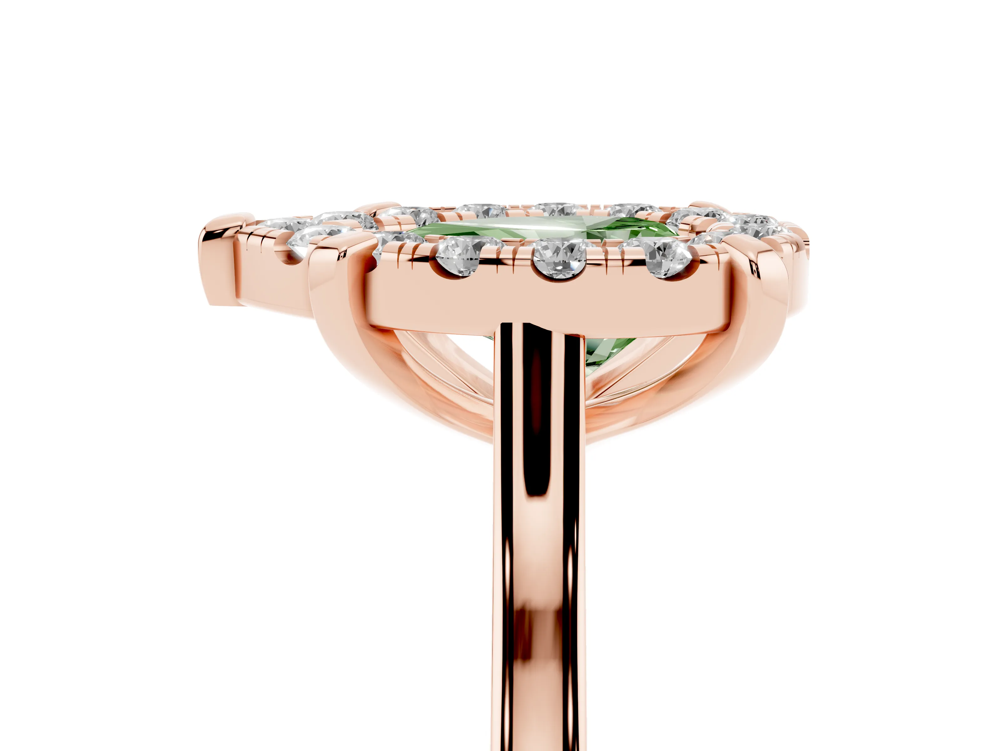 Fancy Green Pear Cut Diamond Cluster Halo Solitaire Ring Set in Rose gold with Prong Setting