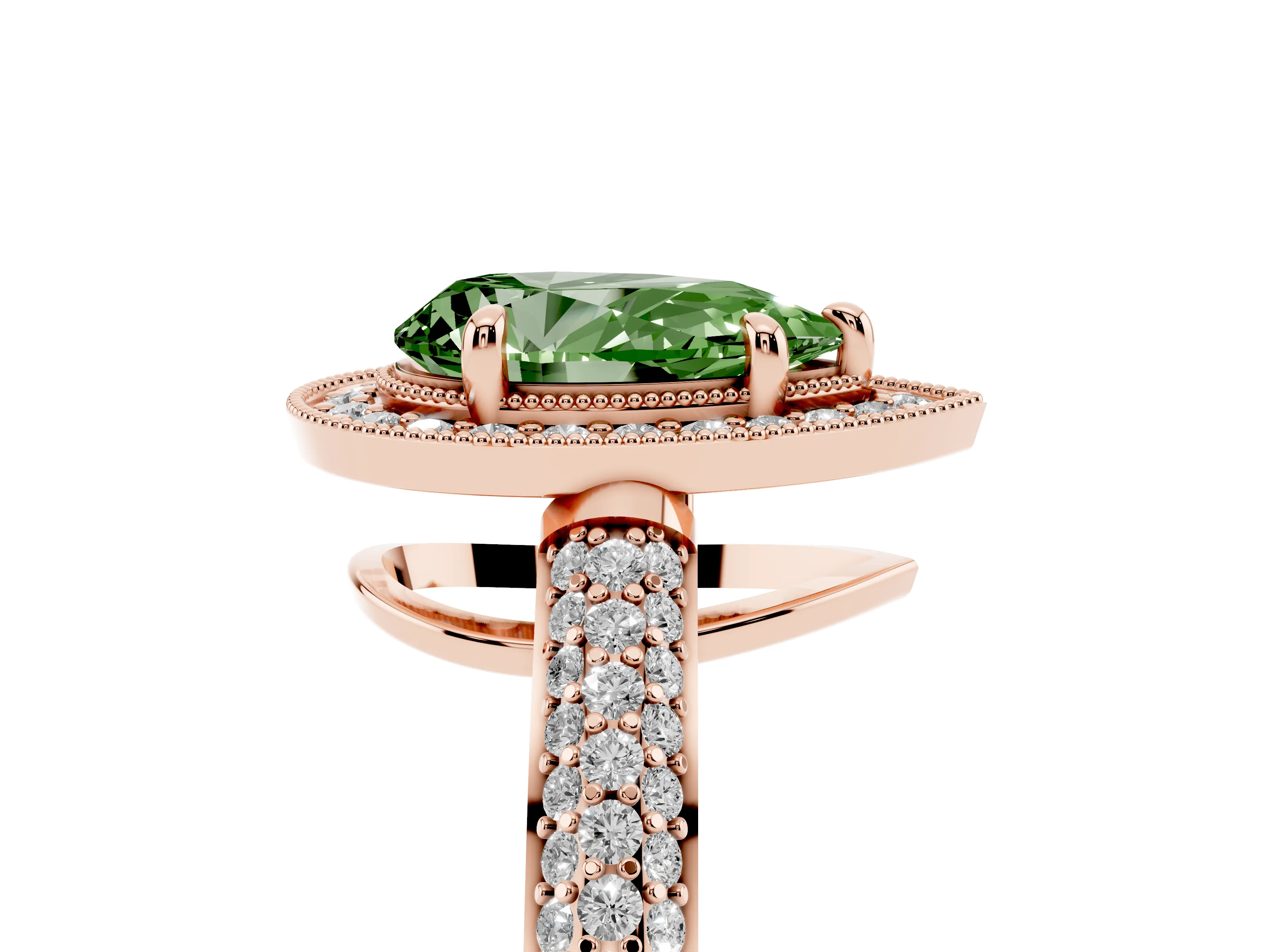 Fancy Green Pear Cut Diamond Halo Pavé Band Set in Rose gold with Prong Setting