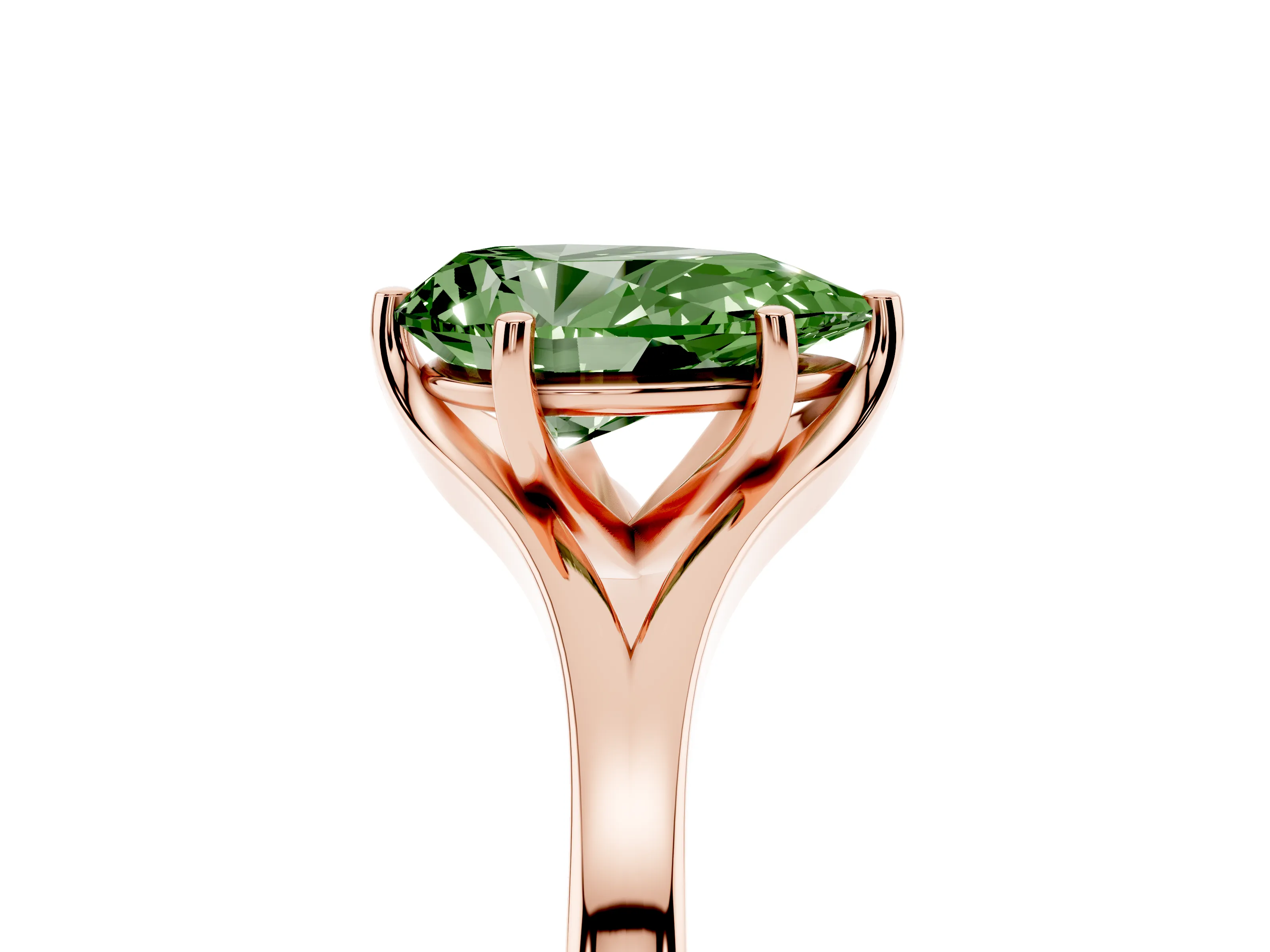 Fancy Green Pear Cut Diamond Solitaire Ring Set in Rose gold with Polished Tapered Band and Prong Setting