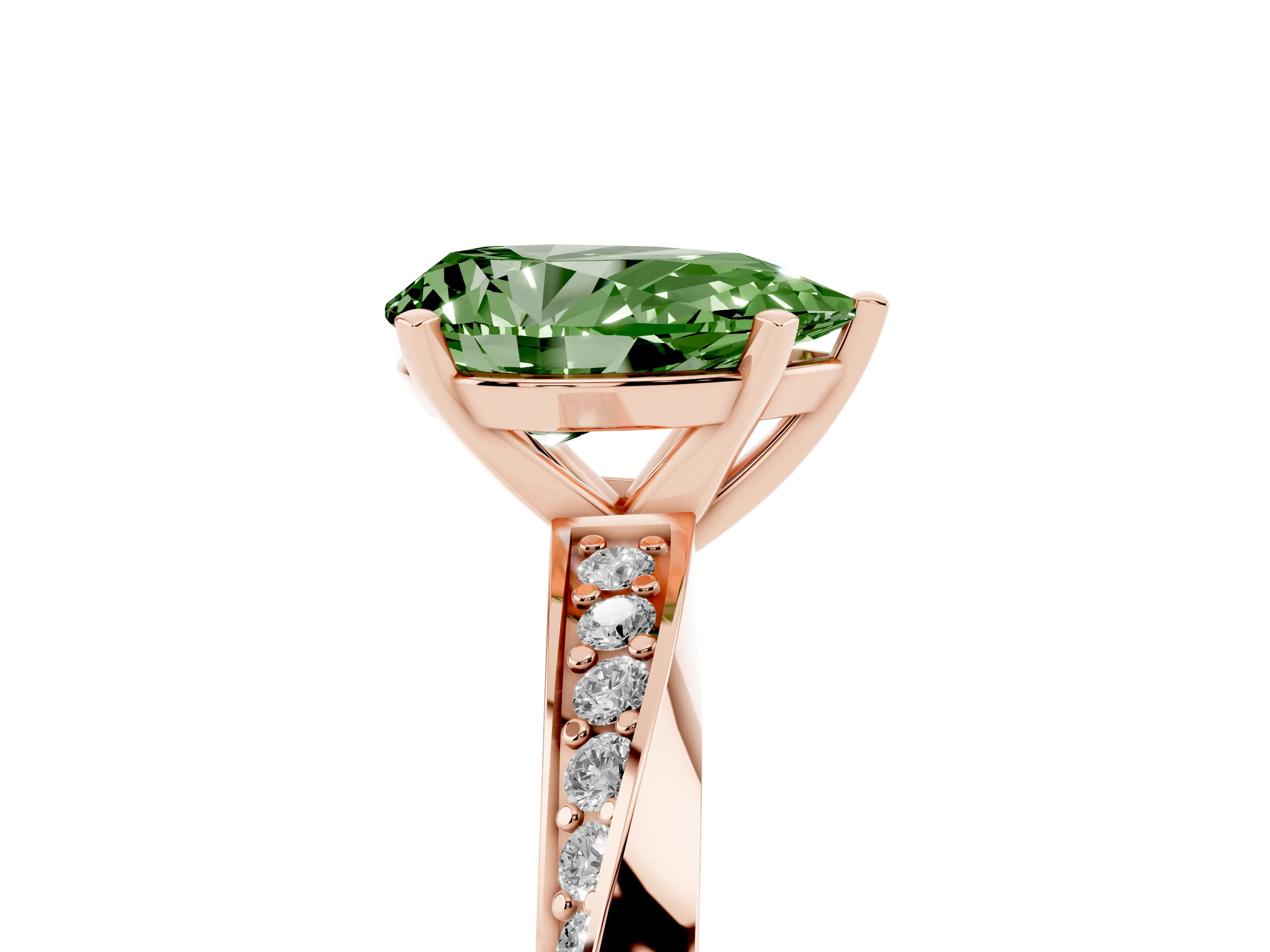 Fancy Green Pear Cut Diamond Engagement Ring Set in Rose gold with Side Stone Accents and Prong Setting