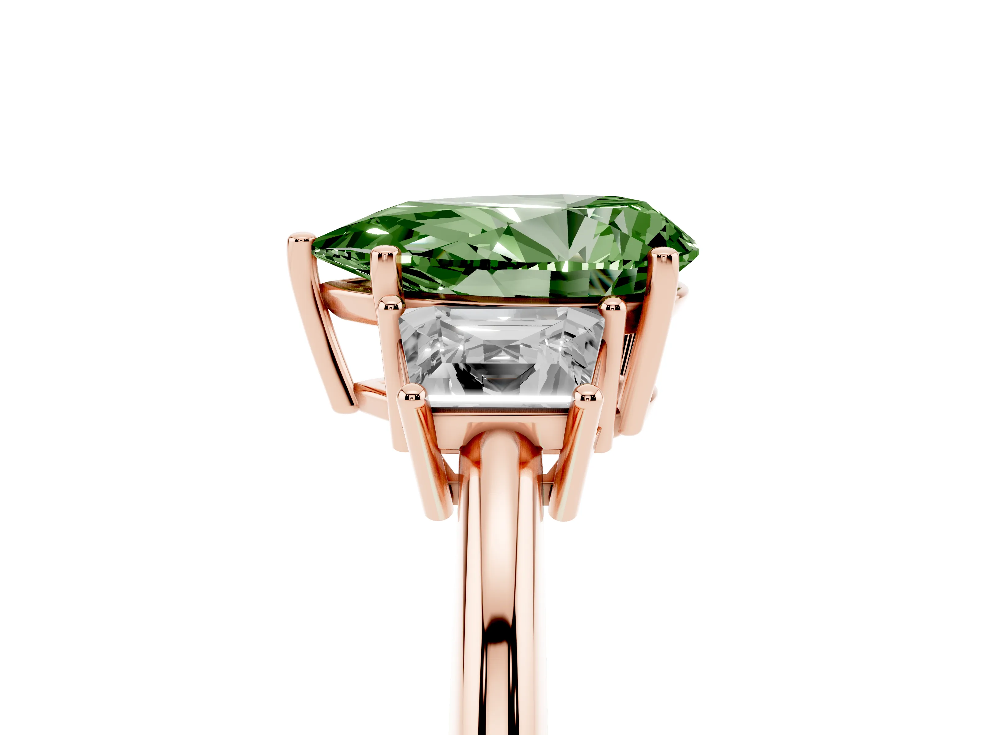 Fancy Green Pear Cut Diamond Three-Stone Ring Set in Rose gold with Trapezoid Side Stones and Prong Setting