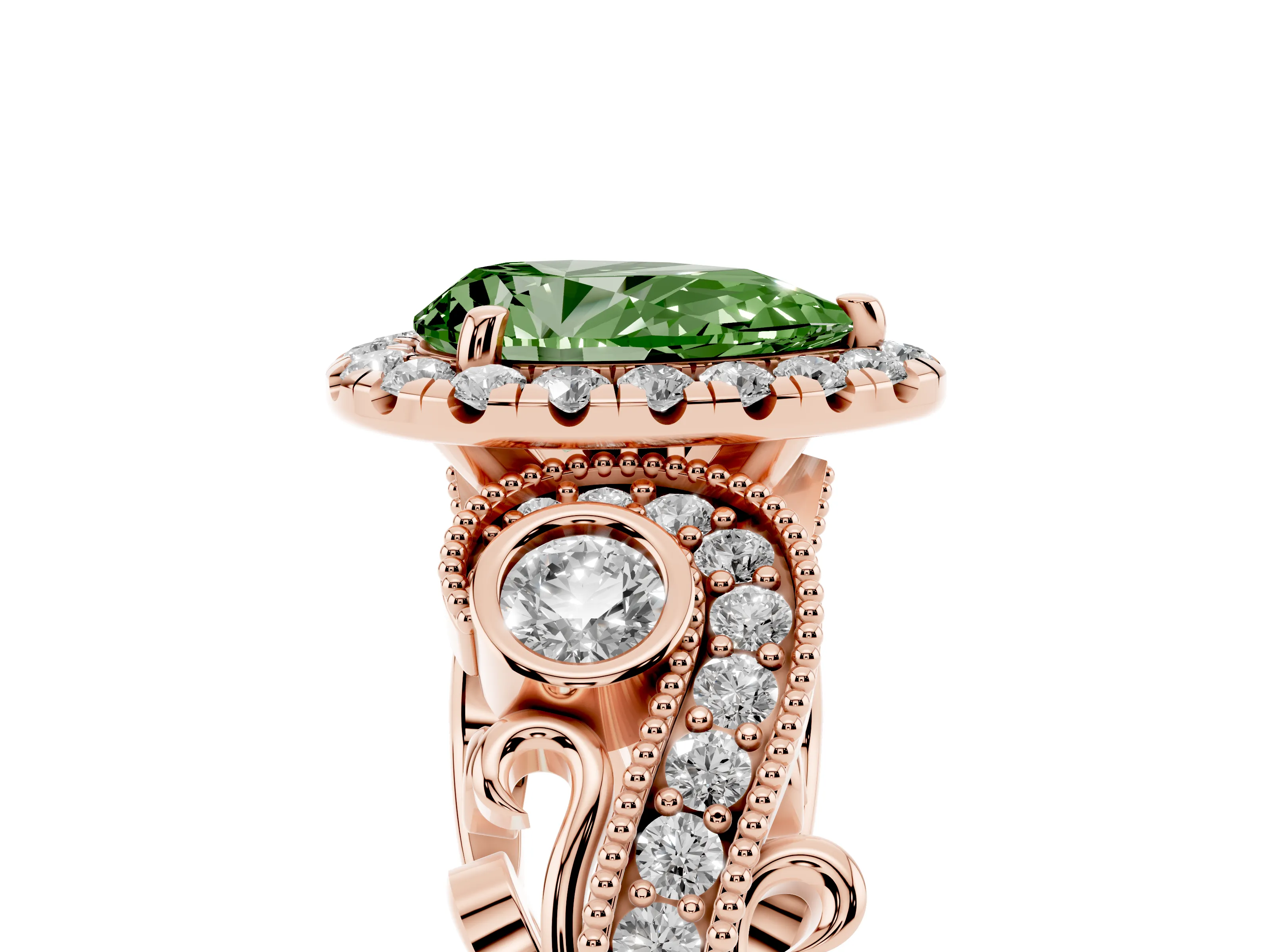 Fancy Green Pear Cut Diamond Halo Ring Set in Rose gold with Milgrain Pavé Band and Prong Setting