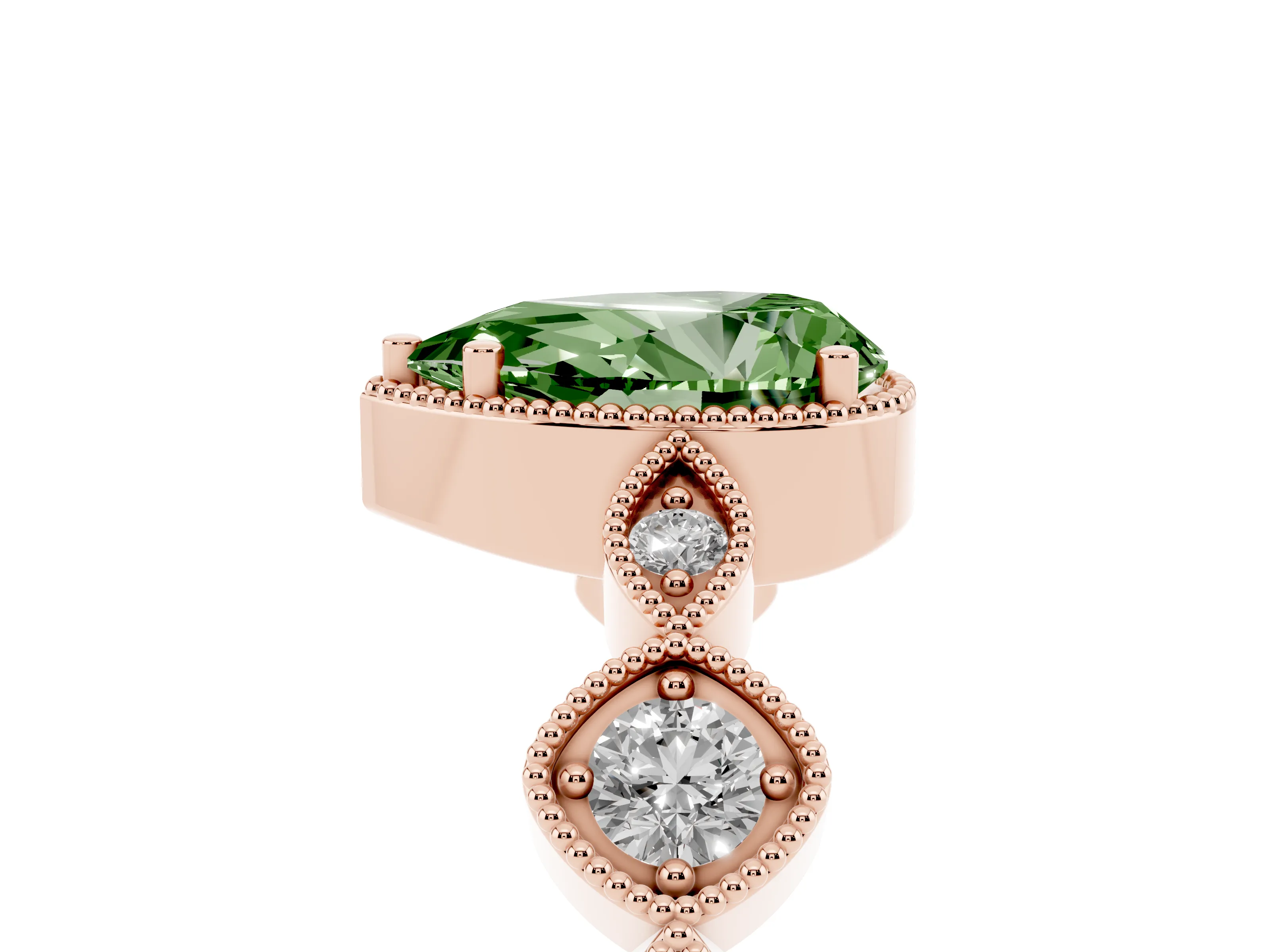 Fancy Green Pear Cut Diamond Vintage-Inspired Milgrain Ring Set in Rose gold with Marquise Stations of Round Accents
