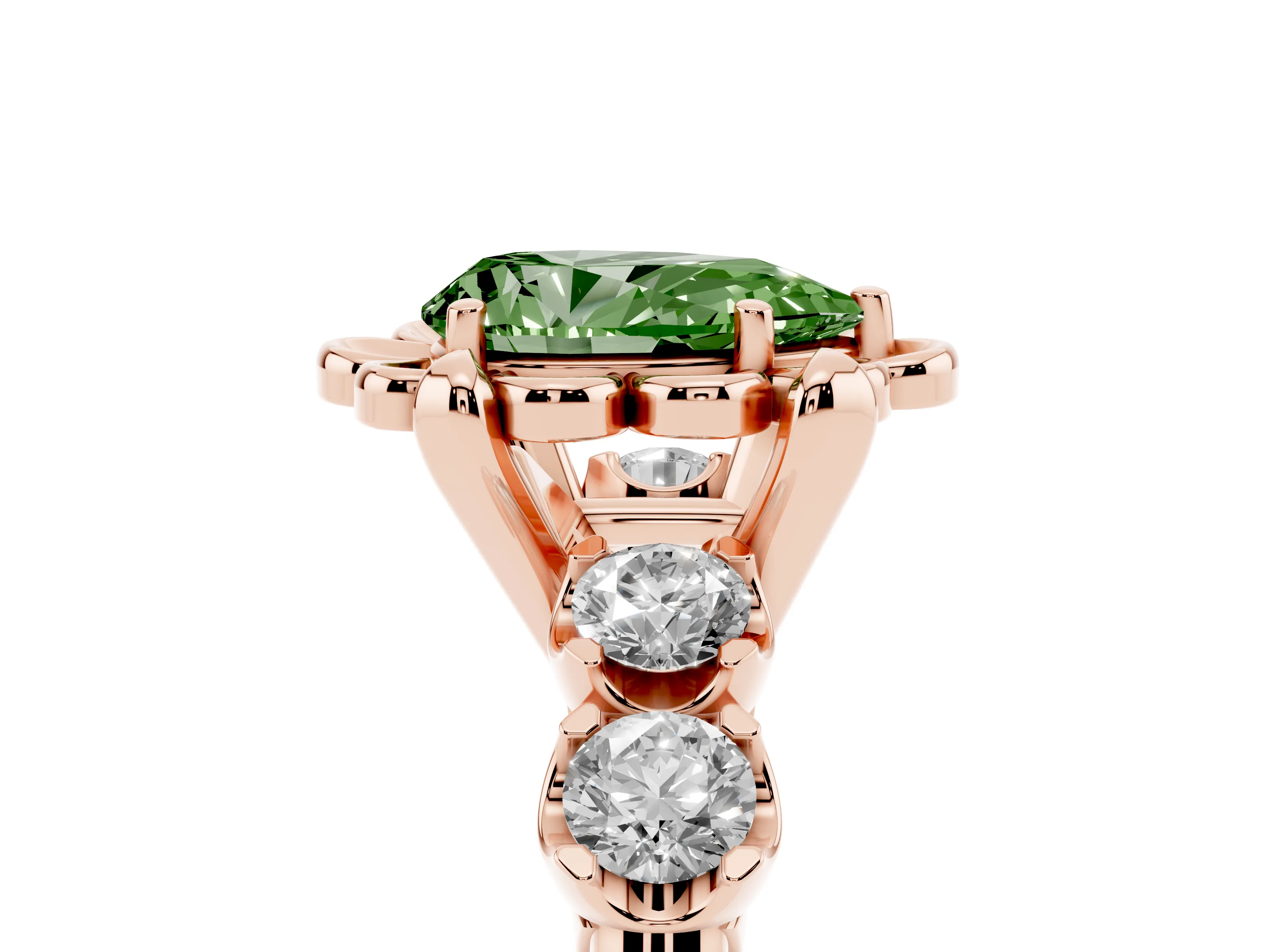 Fancy Green Pear Cut Diamond Floral Halo Ring Set in Rose gold with Shared Prong Band