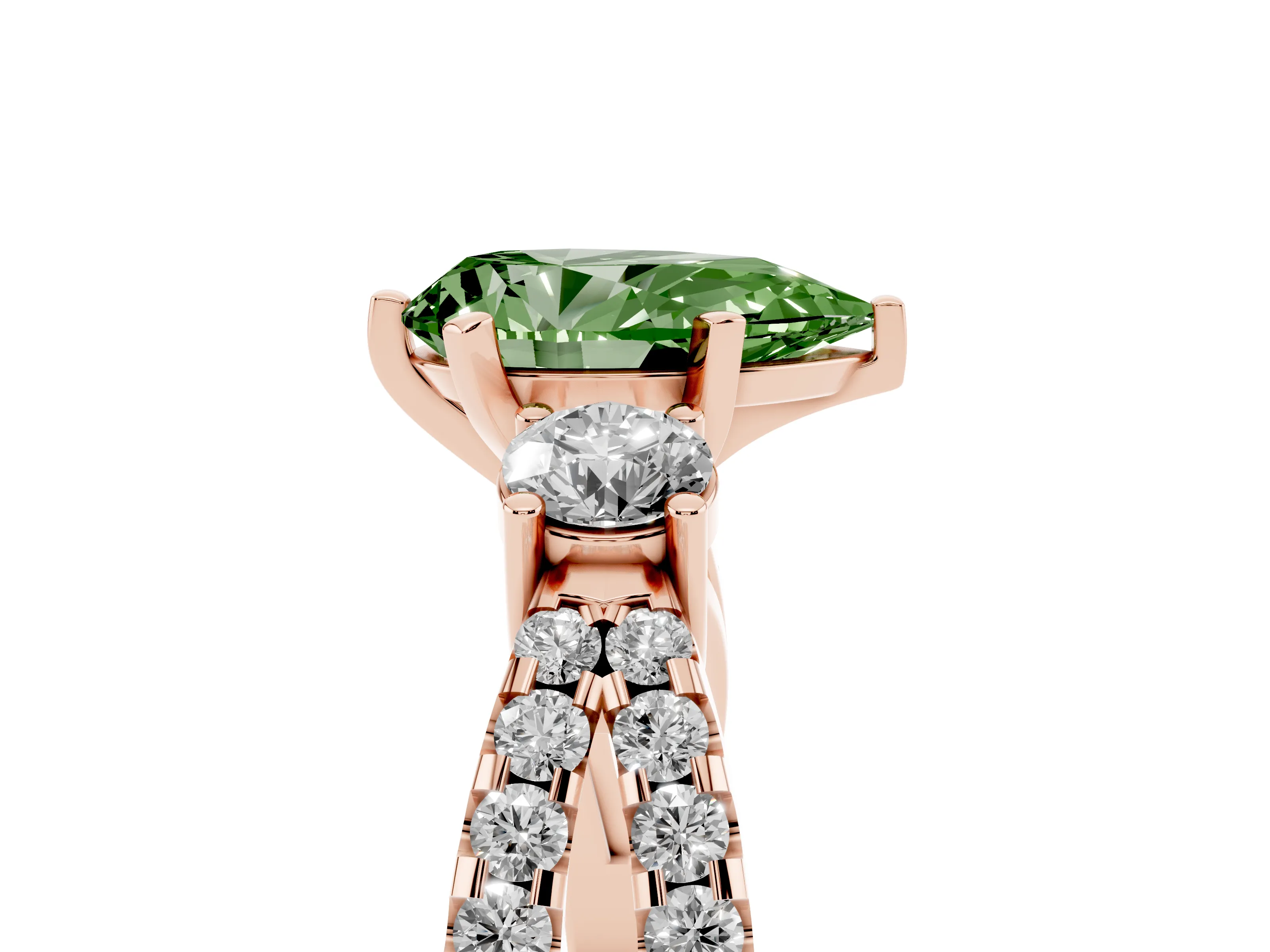 Fancy Green Pear Cut Diamond Three-Stone Ring Set in Rose gold with Pavé Split Shank and Prong Setting