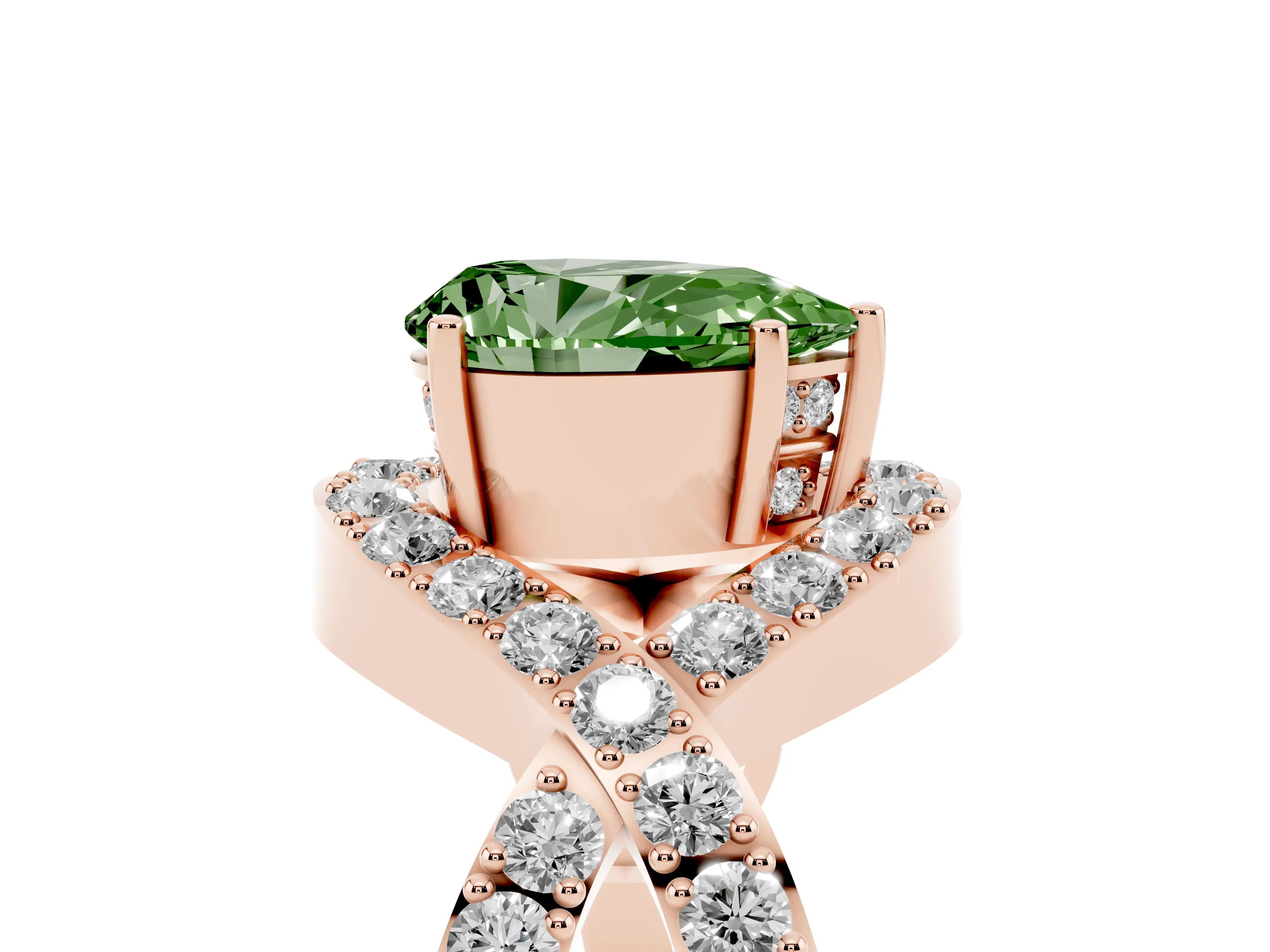 Fancy Green Pear Cut Diamond Solitaire Twist Band Pavé Engagement Ring Set in Rose gold